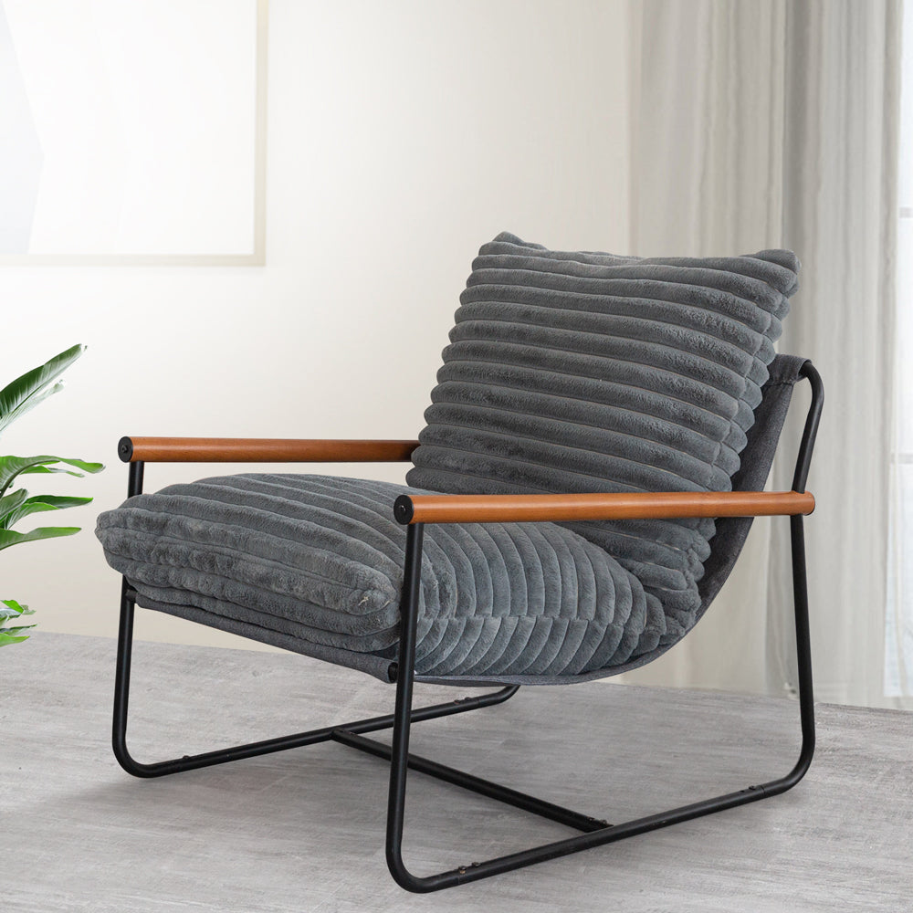 MAXYOYO Grey Striped Faux Fur Accent Chair with Wooden Arms & Metal Frame - Stylish Living Room Seating for Home, Office, or Lounge