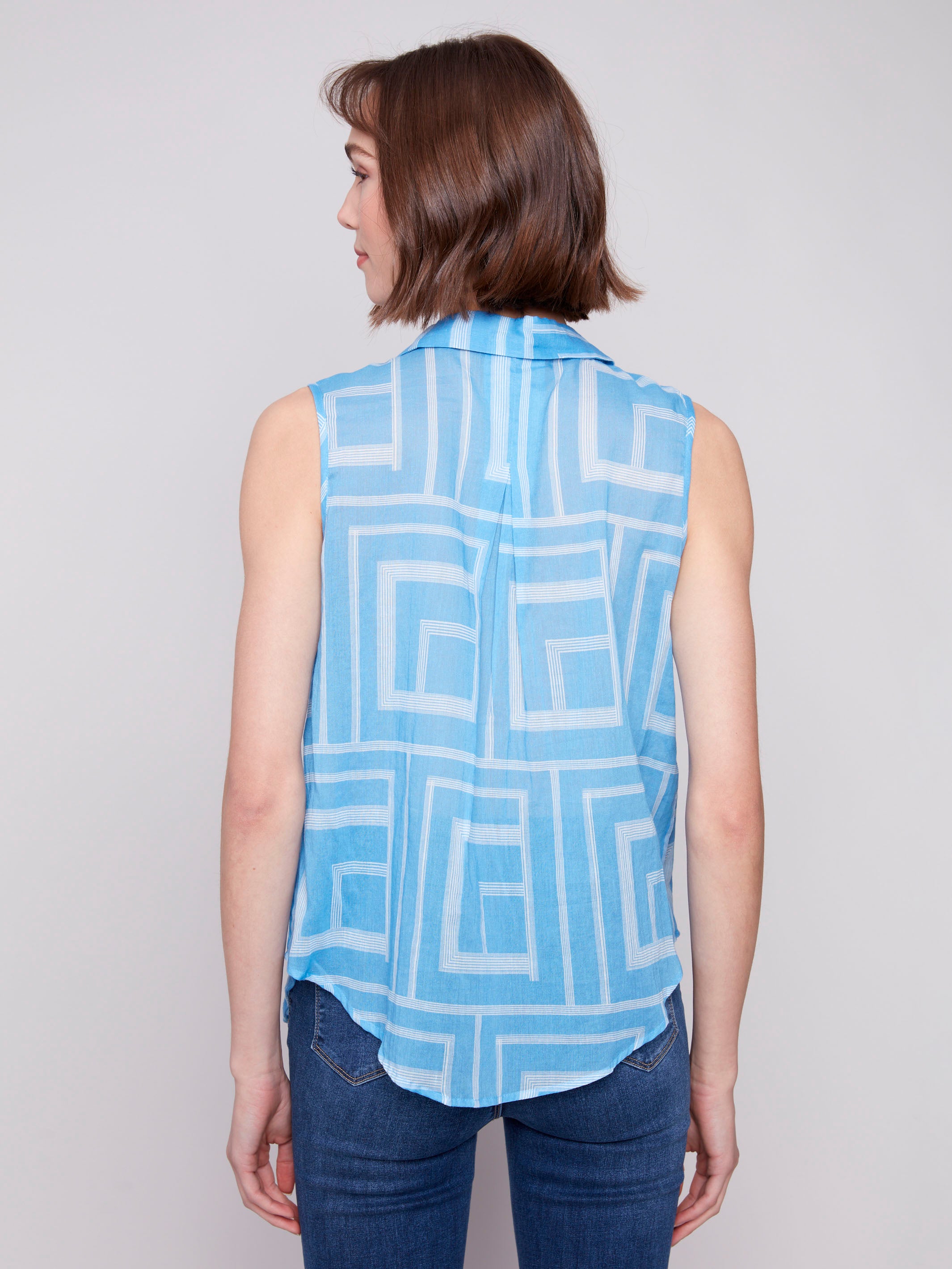 Printed Sleeveless Front Tie Cotton Shirt for Women - Bluebell Floral Design | Summer Casual Wear, Beach Cover Up, Boho Outfit