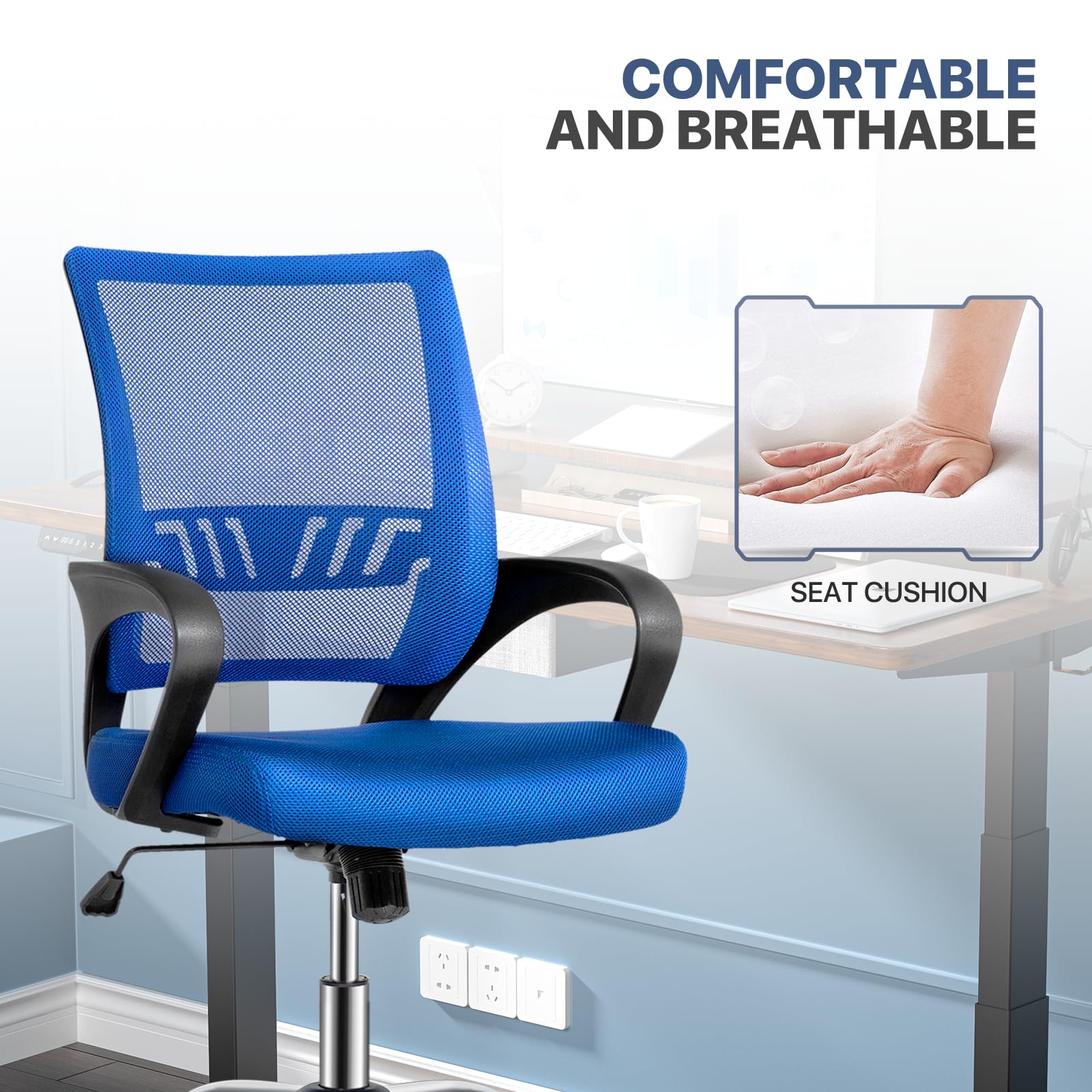 Ergonomic Mesh Office Chair with Wheels & Armrest - Adjustable Swivel Computer Chair + Non-Slip Rectangular Chair Mat for Home & Office Workspace - Perfect for Long Hours of Sitting, Gaming, and Remote Work