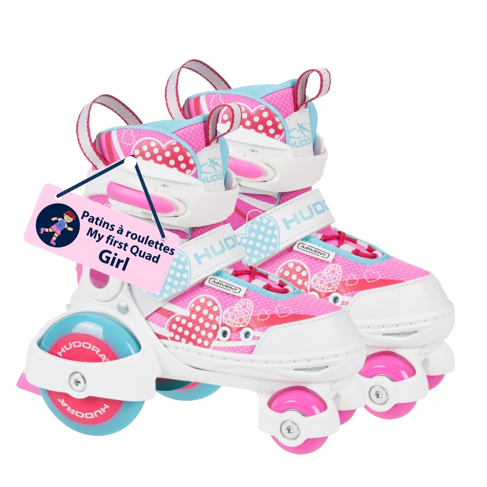 HUDORA Adjustable Quad Roller Skates for Kids - Safe Beginner Rollerblades with Large Wheels, Multiple Sizes & Colors (Up to 20kg) - Perfect for Outdoor Play, Birthday Gifts & Learning to Skate