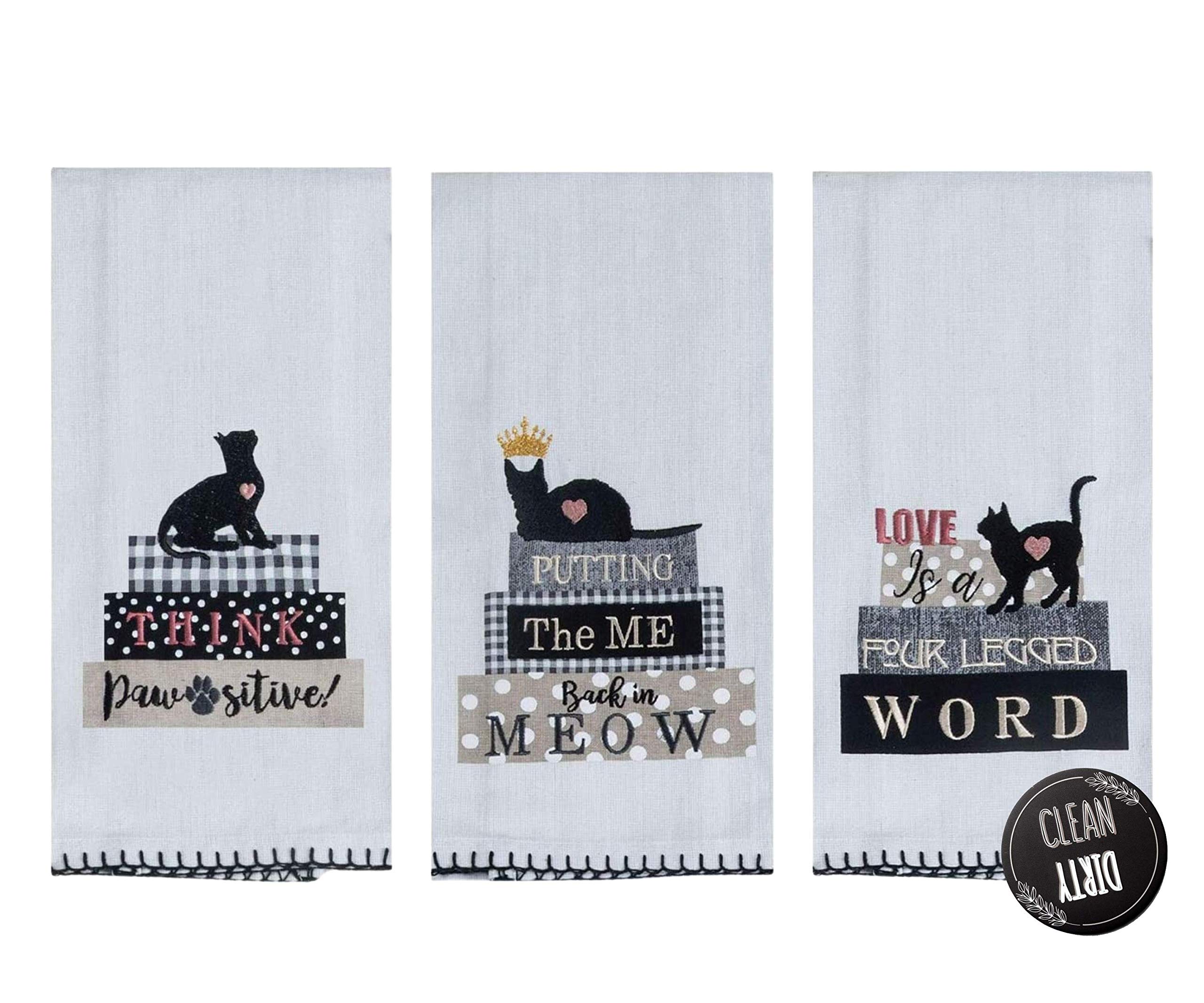 Cat Kitchen Towels Set of 3 - Embroidered Dish Towels for Cooking & Cleaning