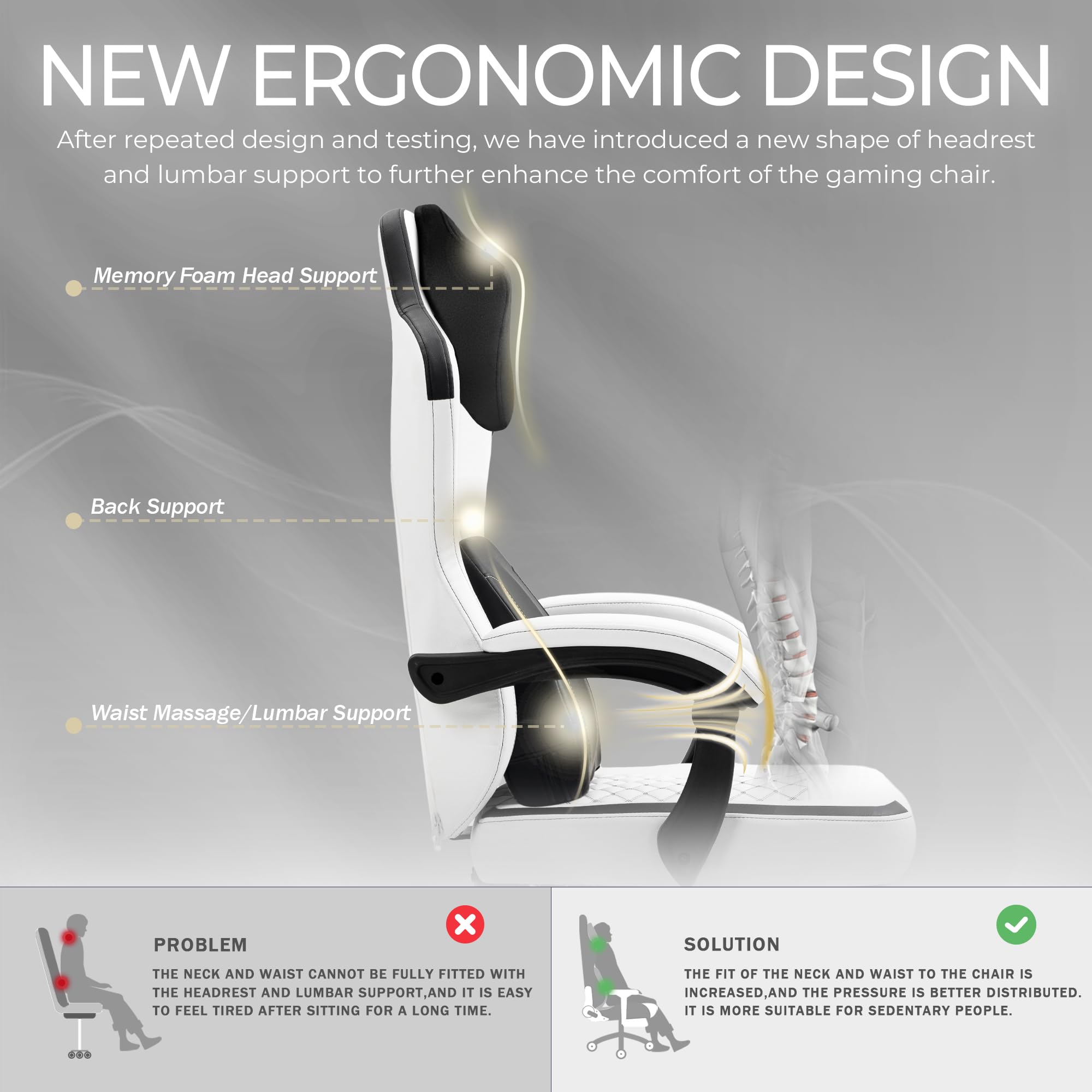 Premium Ergonomic Gaming Chair with Heated Massage & Lumbar Support - Reclining High Back PC Chair with Pocket Spring Cushion & Footrest - 330lbs Weight Capacity (White) - Perfect for Esports, Office Work & Home Gaming Setup