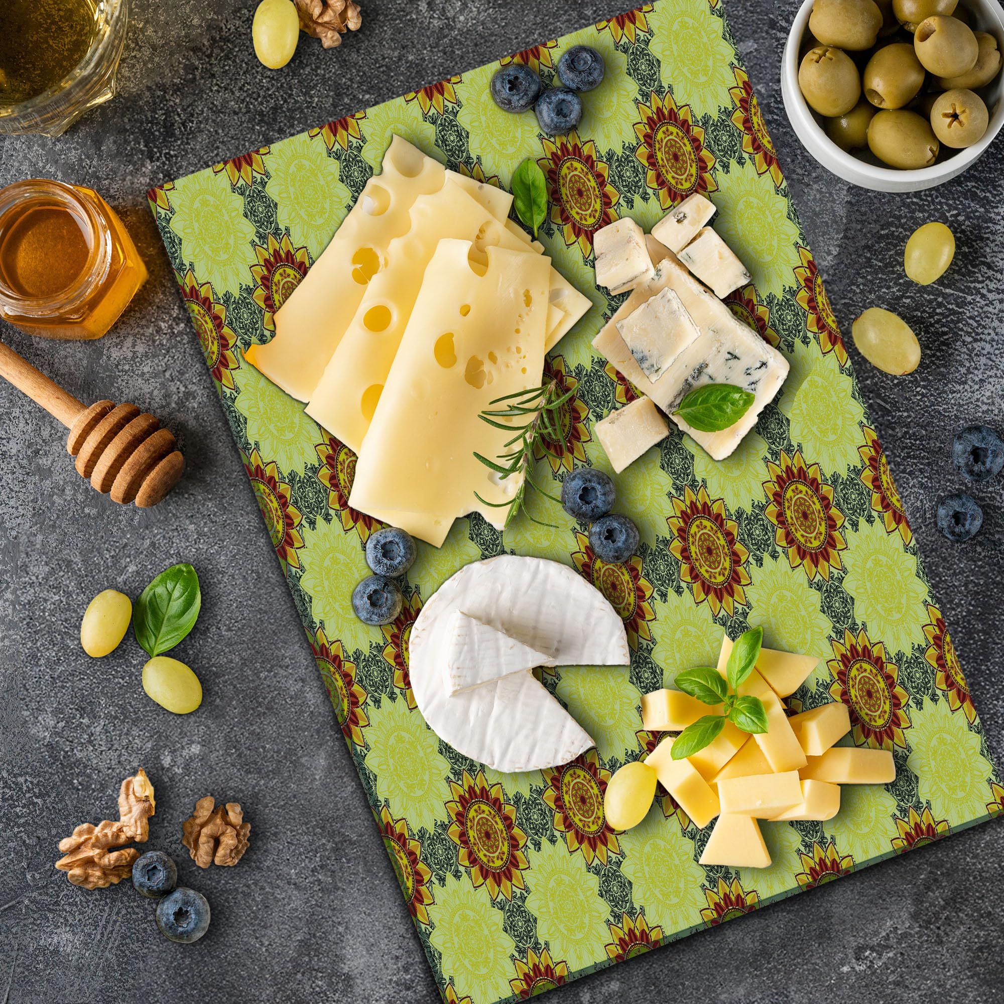 Ambesonne Mandala Glass Cutting Board - Yellow Boho Floral Design for Serving & Decor