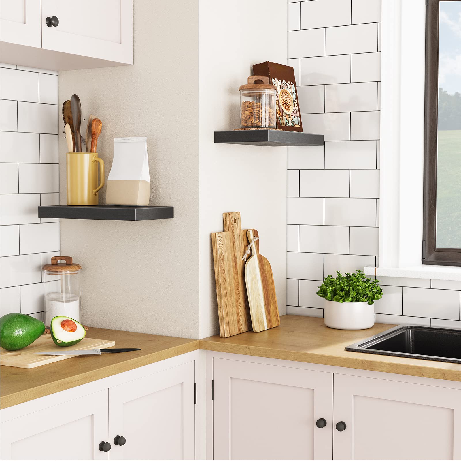 HOOBRO 15.7 Inch Floating Wall Shelves Set of 2 - Modern Invisible Bracket Shelving for Bathroom, Bedroom, Kitchen & Office Decor - Perfect for Displaying Photos, Plants & Home Accessories - Black (BK40BJ01)