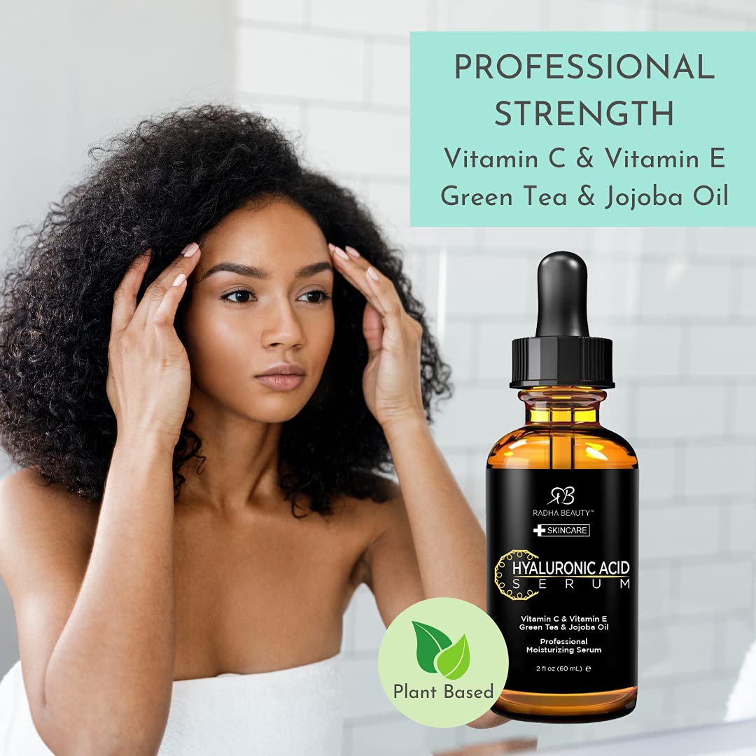 Radha Beauty Hyaluronic Acid Serum for Face - 2 fl oz with Vitamin C, E, Green Tea & Jojoba Oil - Anti-Aging Moisturizer for Wrinkles & Fine Lines - Deep Hydration for Dry Skin - Perfect for Night Routine & Daily Skincare Regimen