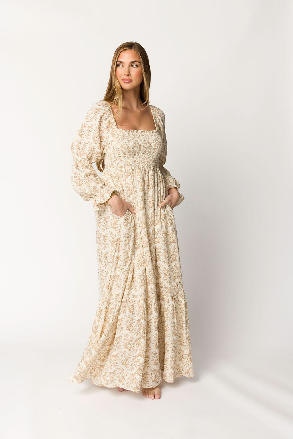 Emerson 100% Cotton Gauze Maxi Dress - Natural/Tan Floral Print, Bump Friendly Maternity Dress for Women | Boho Summer Beach Dress, Pregnancy Photoshoot, Casual Outfit