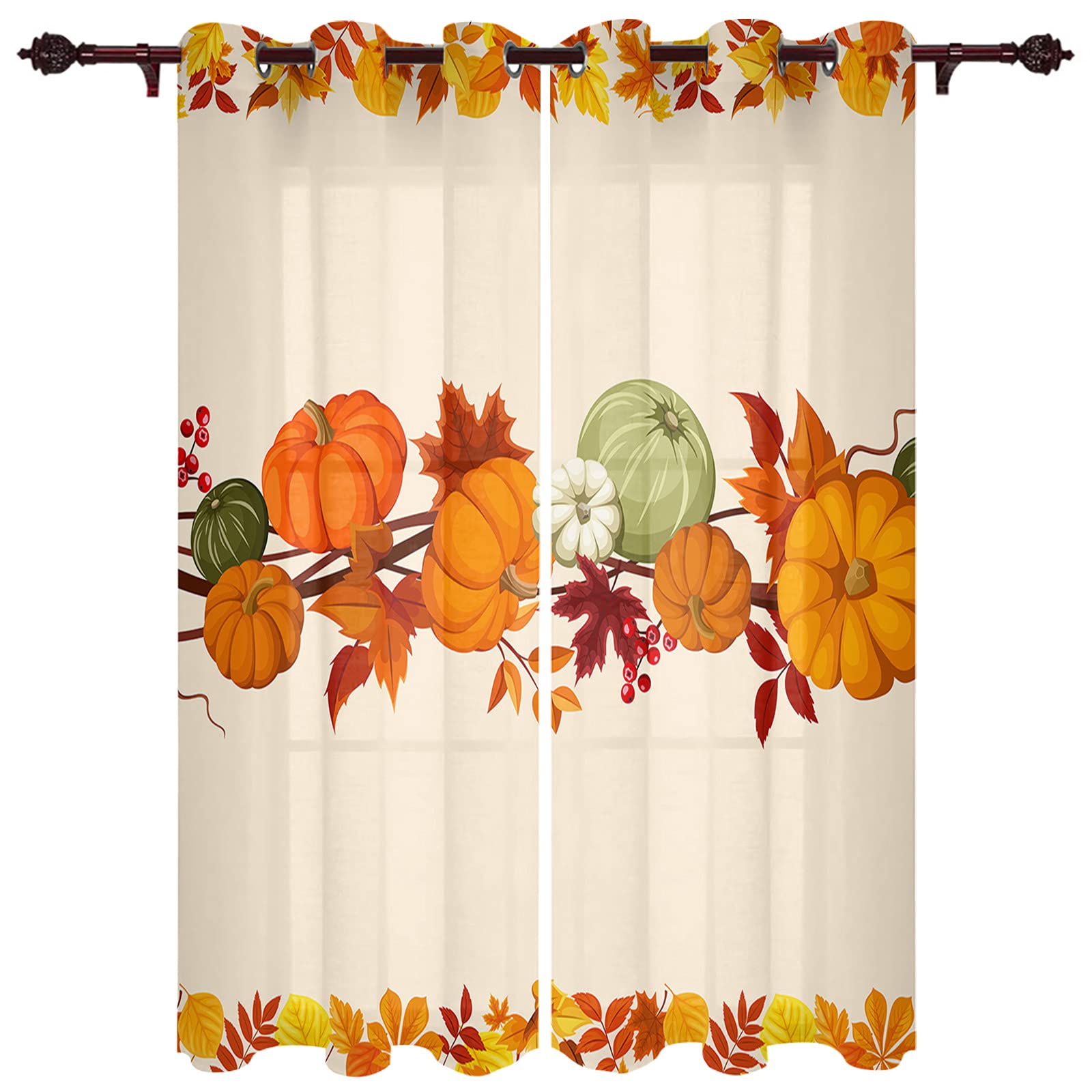 Thanksgiving Pumpkin & Maple Leaf Sheer Curtains - 2 Panels Kitchen Tier Grommet Window Drapes, 84 Inch Length for Living Room, Bedroom, Patio & Sliding Glass Door - Perfect for Fall Decor & Holiday Home Staging