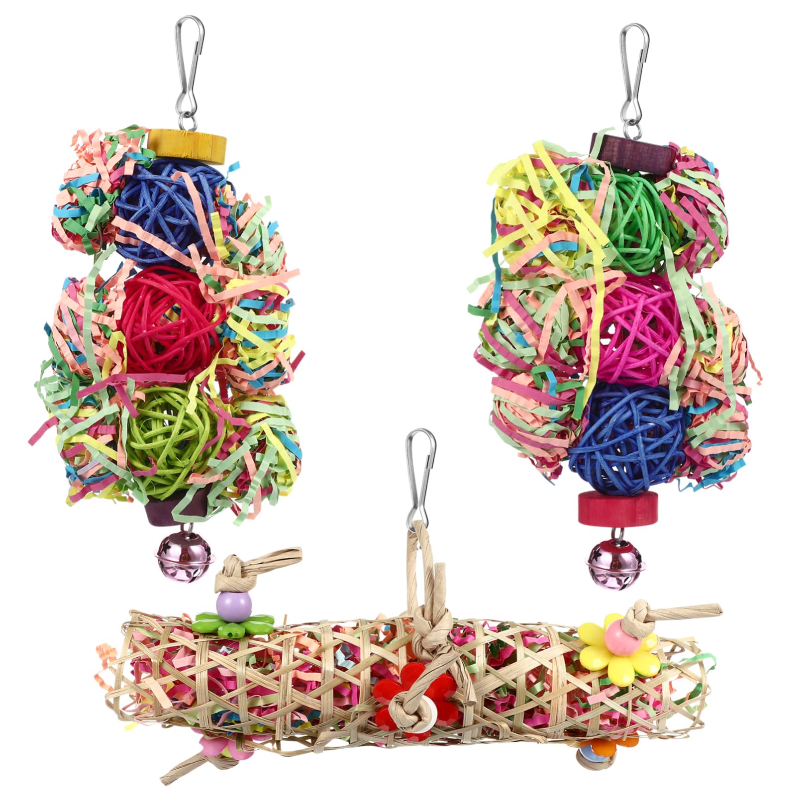 Balacoo 3 Pcs Cockatiel Toys - Parrot Foraging Hanging Shredder, Chewing Perch for Macaws, Conures & African Greys - Wooden Bite Cone Tail Bird Toy for Cage Enrichment and Mental Stimulation