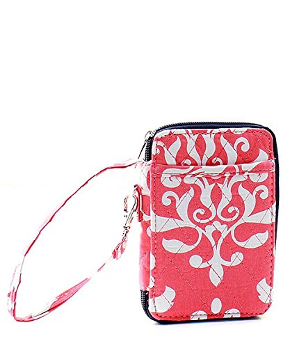 Damask Floral Print Quilted Mini Wallet Wristlet - Stylish Crossbody Phone Purse for Women, Perfect for Parties, Shopping & Everyday Use