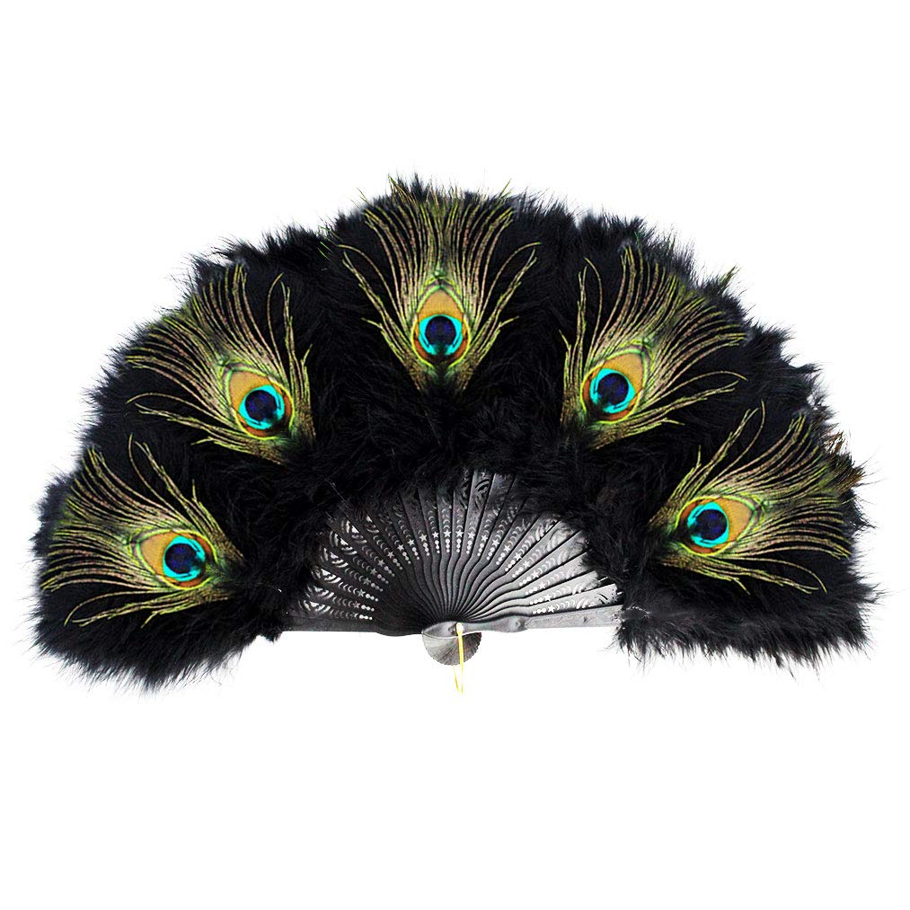 Vintage Style Marabou Feather Hand Fan - Peacock Folding Handheld Fan for Dancing, Party, Flapper, Wedding, Burlesque, Costume Accessory (Black) | Elegant Dance Prop & Retro Fashion Statement