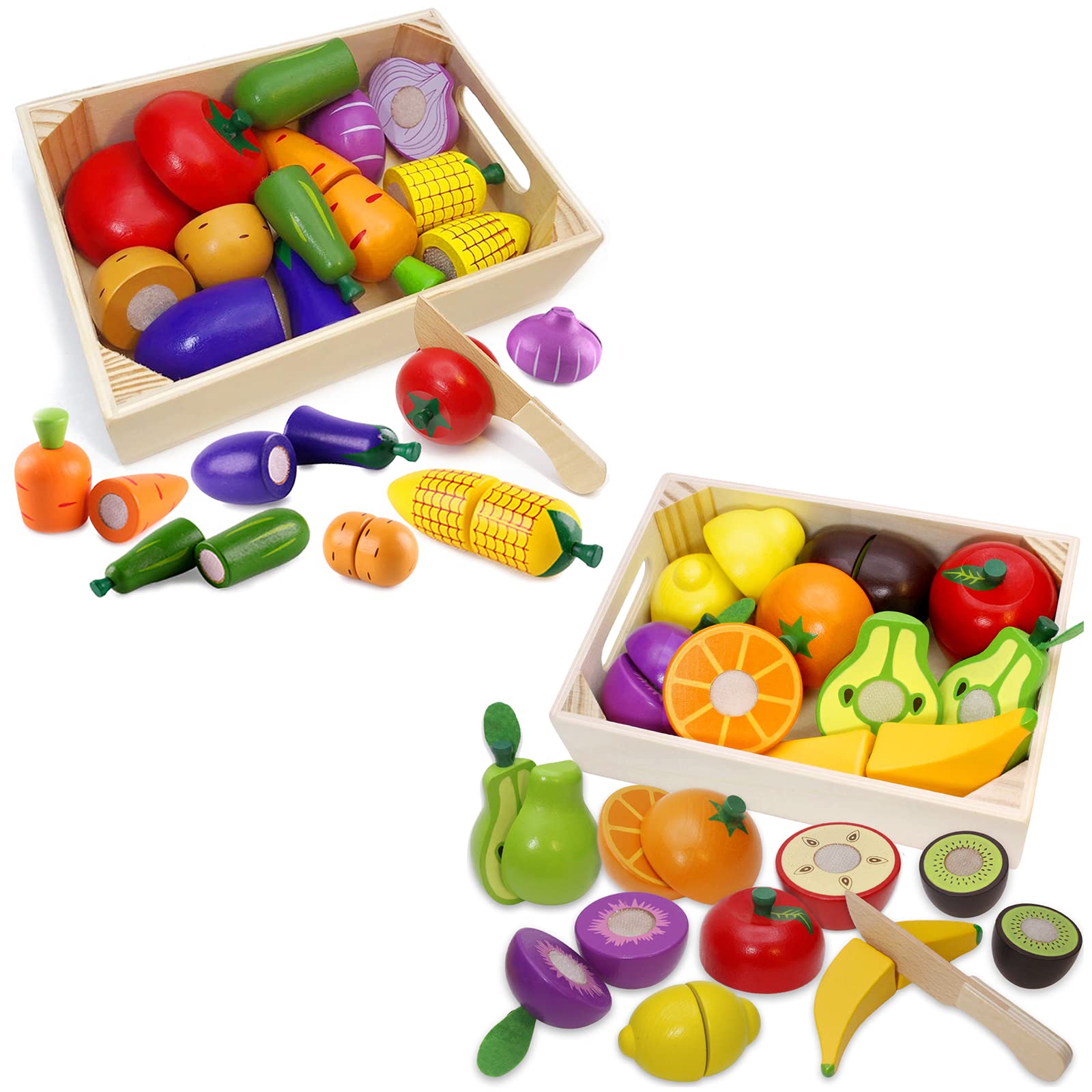 Wooden Fruits and Vegetables Play Set for Kids - Pretend Play Toy for Learning & Fun - Perfect for Montessori, Kitchen Role Play, and Early Childhood Education