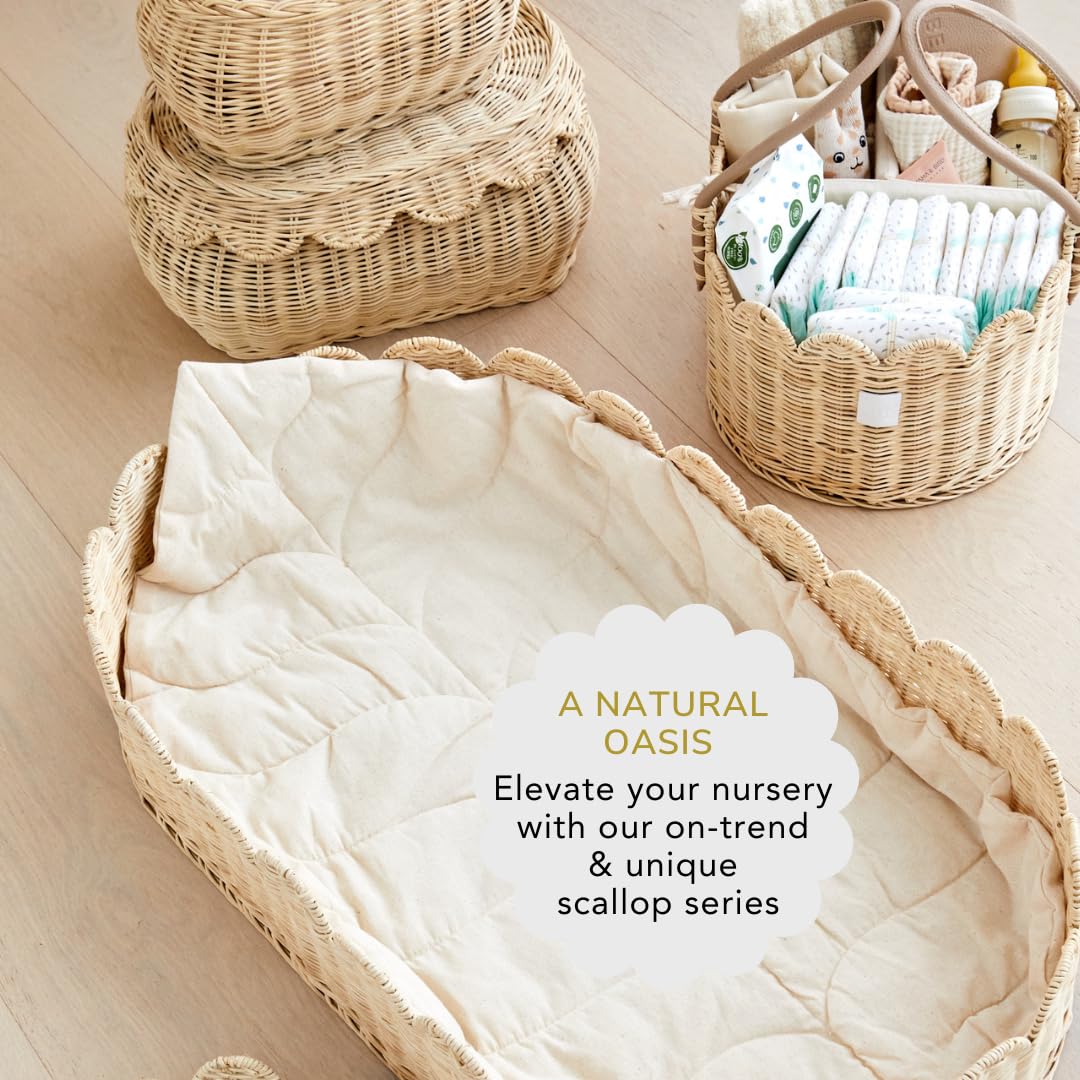 Premium Baby Changing Basket Set - Handwoven Scalloped Rattan Nursery Organizer with Changing Pad & Accessories | Natural Bamboo Diaper Caddy for Nursery, Bedroom & Baby Shower Gift