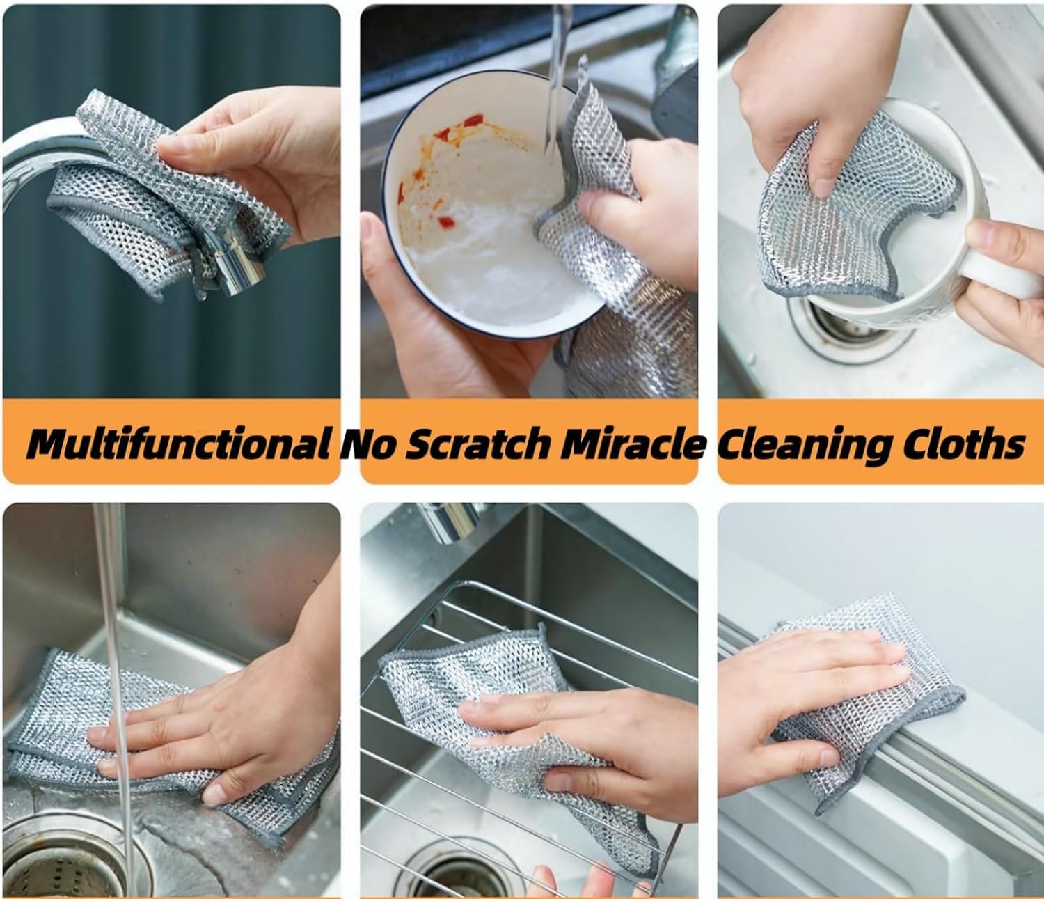 Feelon Non-Scratch Wire Dishcloth & Gap Cleaning Brush - Double-Layer Reusable Dishwashing Pads for Wet & Dry Cleaning - Easy Rinse Kitchen Scrubber for Sinks, Pots, Pans (5 Pack) - Perfect for Tough Grease, Stubborn Stains & Hard-to-Reach Areas