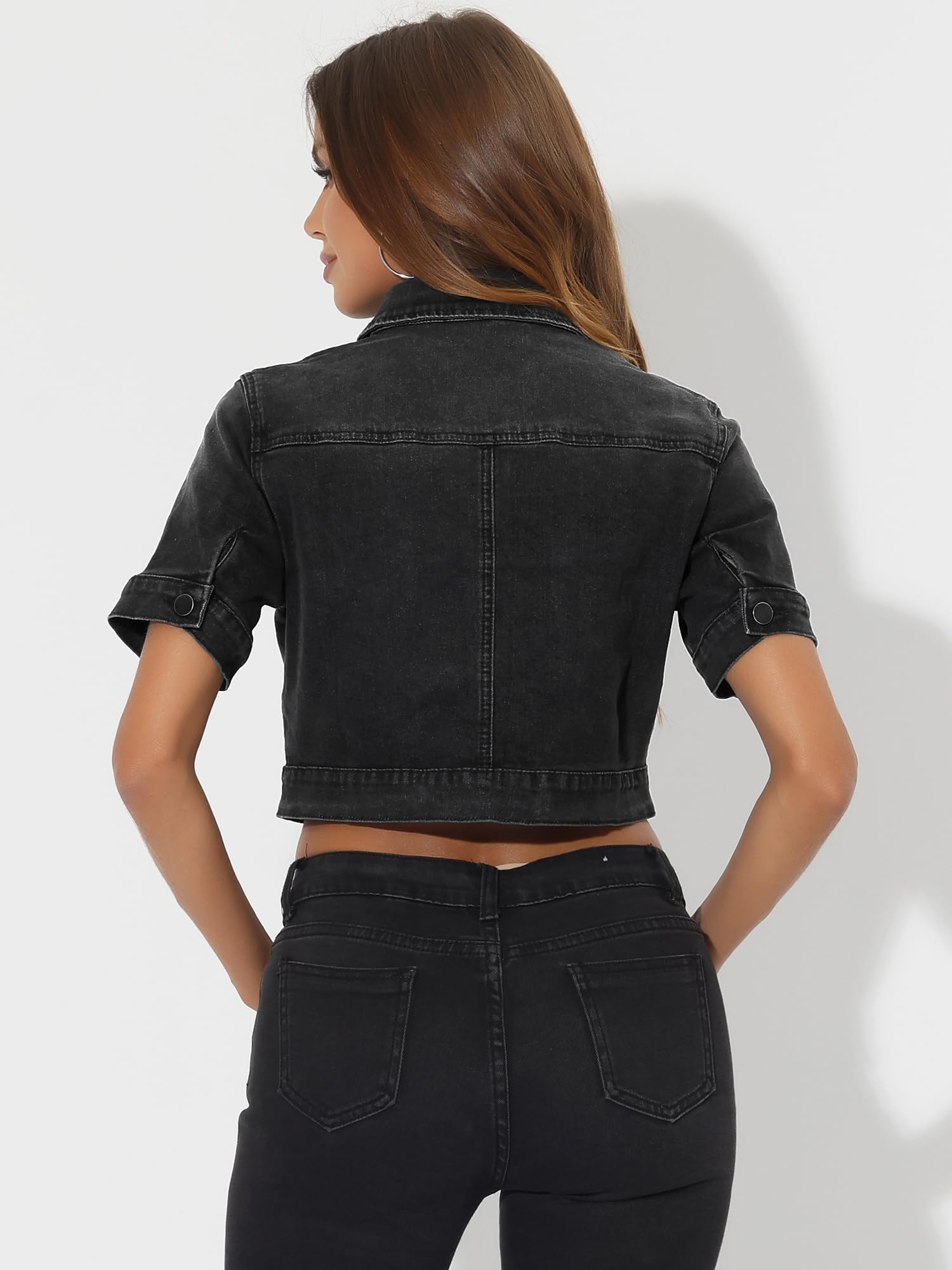 Allegra K Women's Short Sleeve Crop Denim Jacket - Casual Lightweight Jean Jacket for Spring & Summer | Perfect for Outfits, Dates, and Outdoor Activities