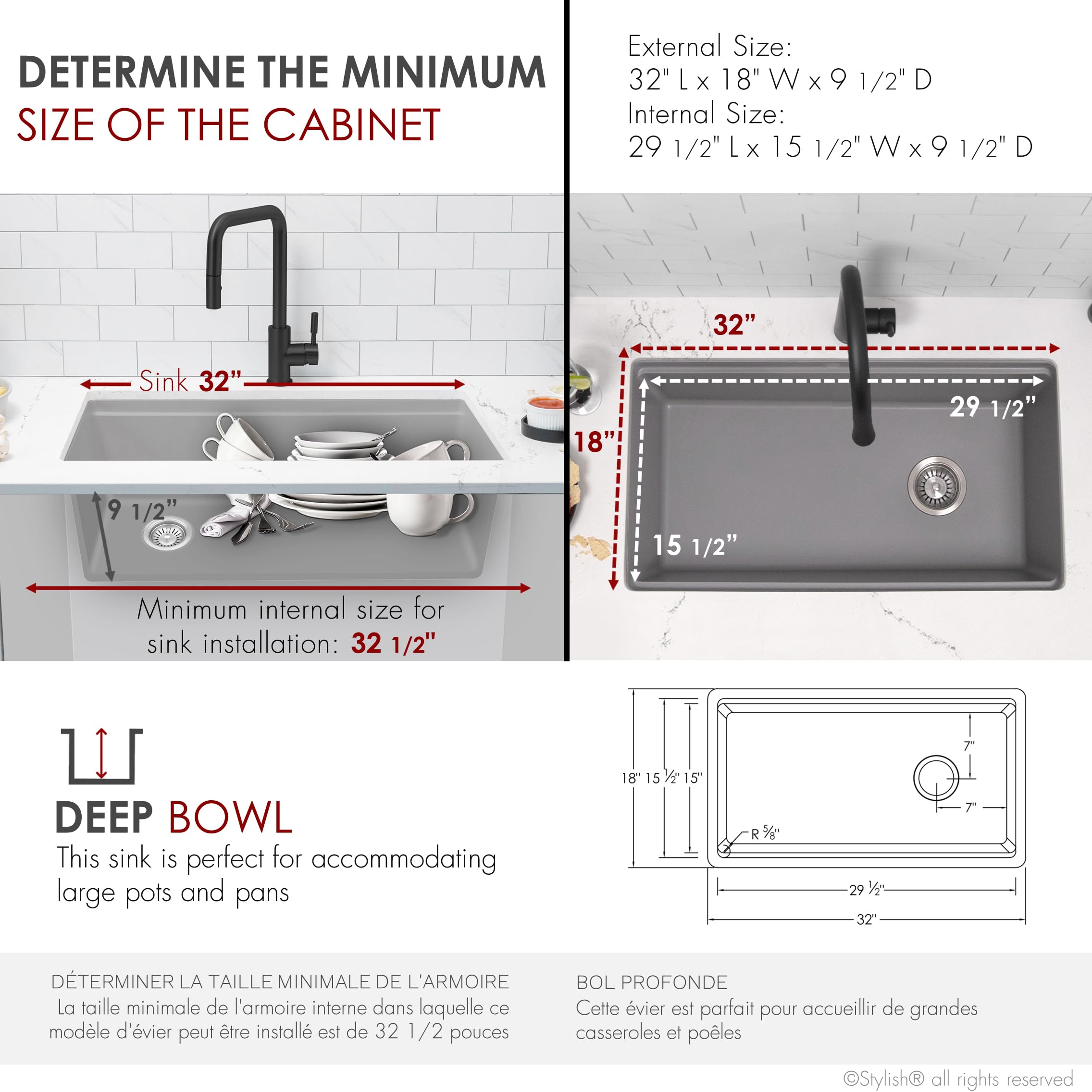 32 x 18 Inch Drop In or Undermount Kitchen Sink - Single Bowl Granite Composite Reversible Workstation with Strainer, Colander, Drying Rack & Cutting Board - Perfect for Modern Kitchens & Food Prep (Grey, S-832WL)