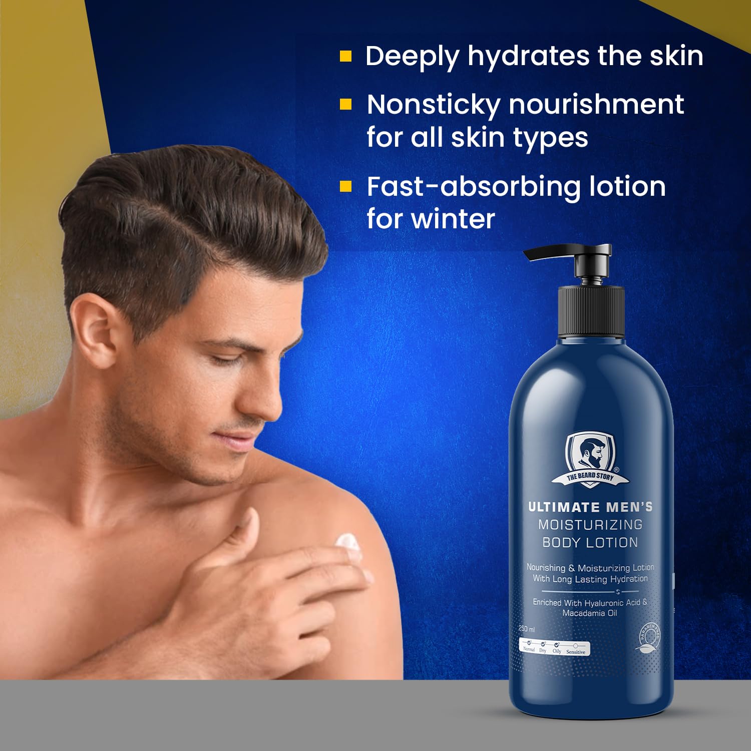 The Beard Story Deep Hydrating Moisturizing Body Lotion with Shea Butter & Macadamia Oil - Non-Sticky, Long Lasting Formula for Winter & All Seasons - Paraben Free 250ml - Perfect for Dry Skin Care & Daily Hydration