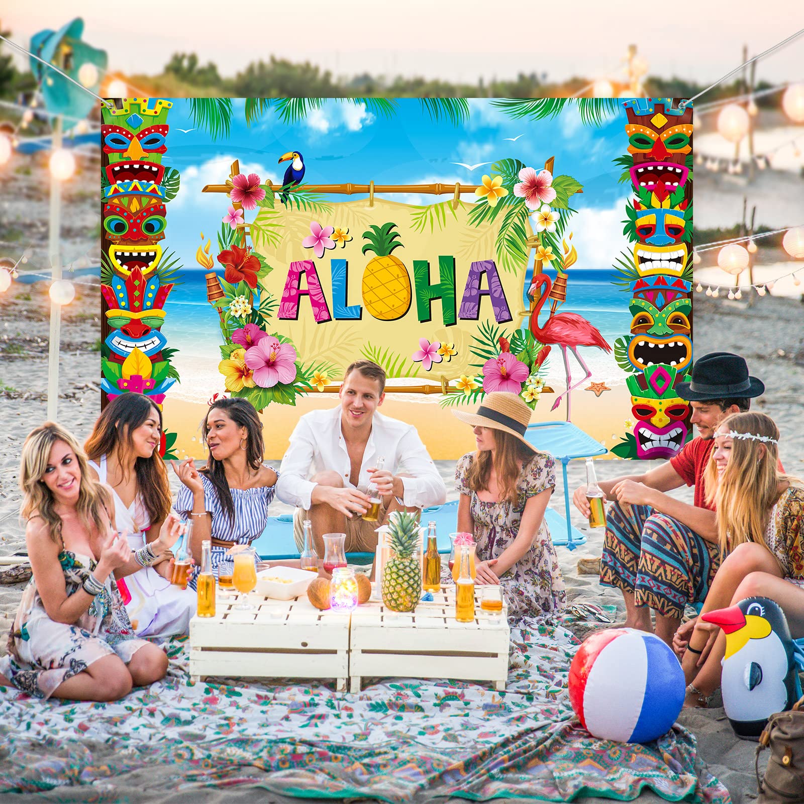 Hawaiian Party Decorations - 43.3 x 72.8 Inch Tiki Backdrop for Beach Luau, Aloha Banner & Photo Props - Perfect for Tropical Themed Parties, Baby Showers & Summer Events