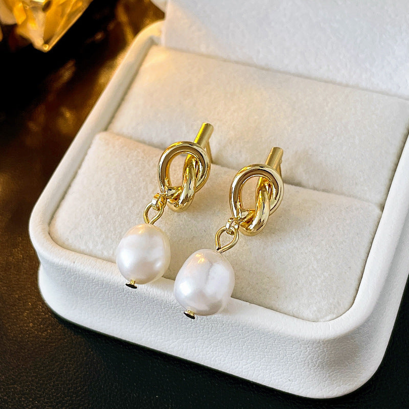 Gold Knot Freshwater Pearl Dangle Earrings for Women | HE1300 | Elegant Pearl Jewelry Gift for Brides, Weddings & Special Occasions