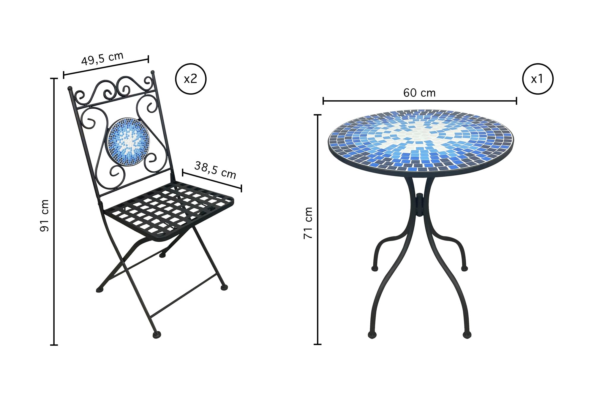 Outdoor Bistro Table Set with 2 Chairs - Ceramic Mosaic Folding Patio Furniture for Garden, Terrace, Bars & Restaurants | Perfect for Alfresco Dining, Coffee Breaks & Outdoor Entertaining