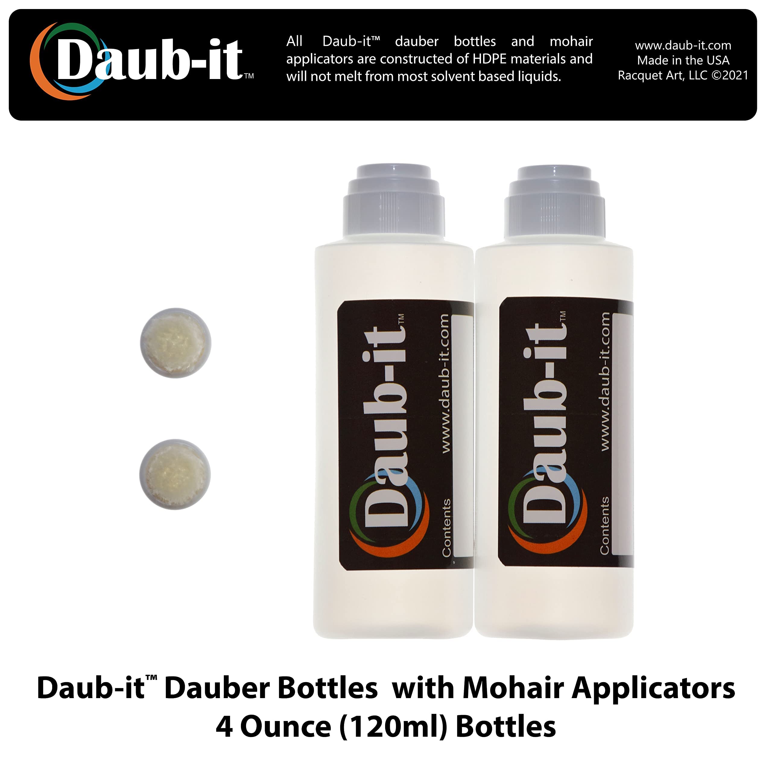 Daub-it Empty Bottles with Applicators - 4 oz Mohair Dauber Bottles - 2 Pack Set for Nail Polish, Leather Dye & Wood Staining