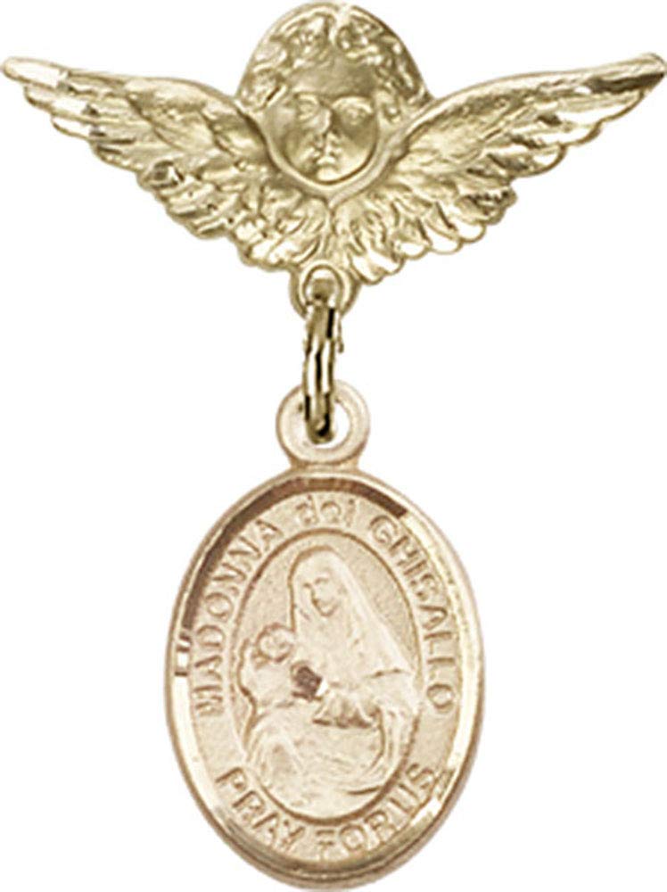 Gold Filled Baby Badge with St. Madonna Del Ghisallo Charm & Angel Wing Pin | Religious Jewelry for Christening, Baptism & First Communion Gifts | Handmade in USA