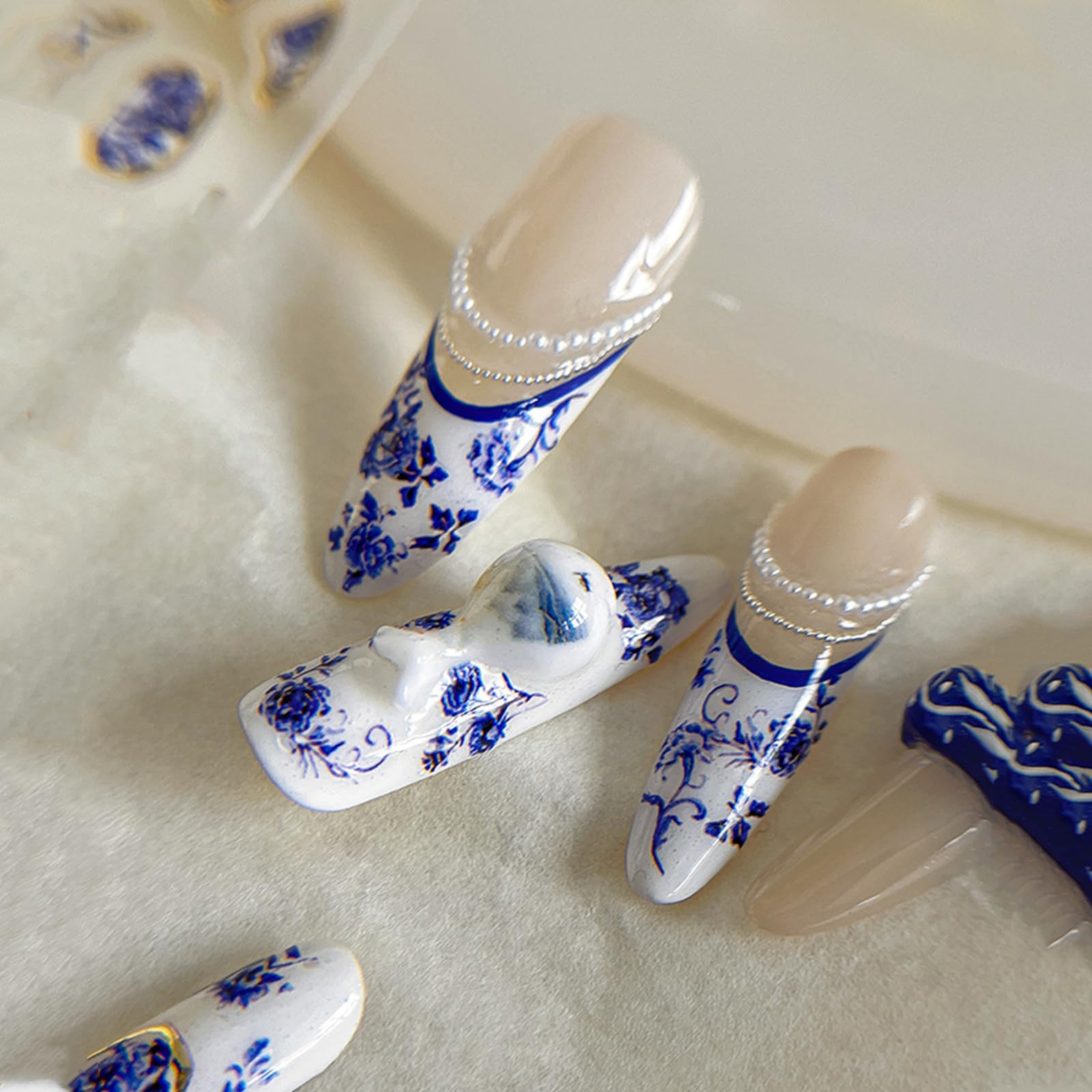 Blue and White Porcelain Nail Stickers - Chinese Style Floral Nail Art Decals with Adhesive Backing, Small Flower French Manicure Supplies, Irregular Bronzing Nail Decor for DIY Nail Design | Perfect for Wedding, Party, and Special Occasion Nail Art