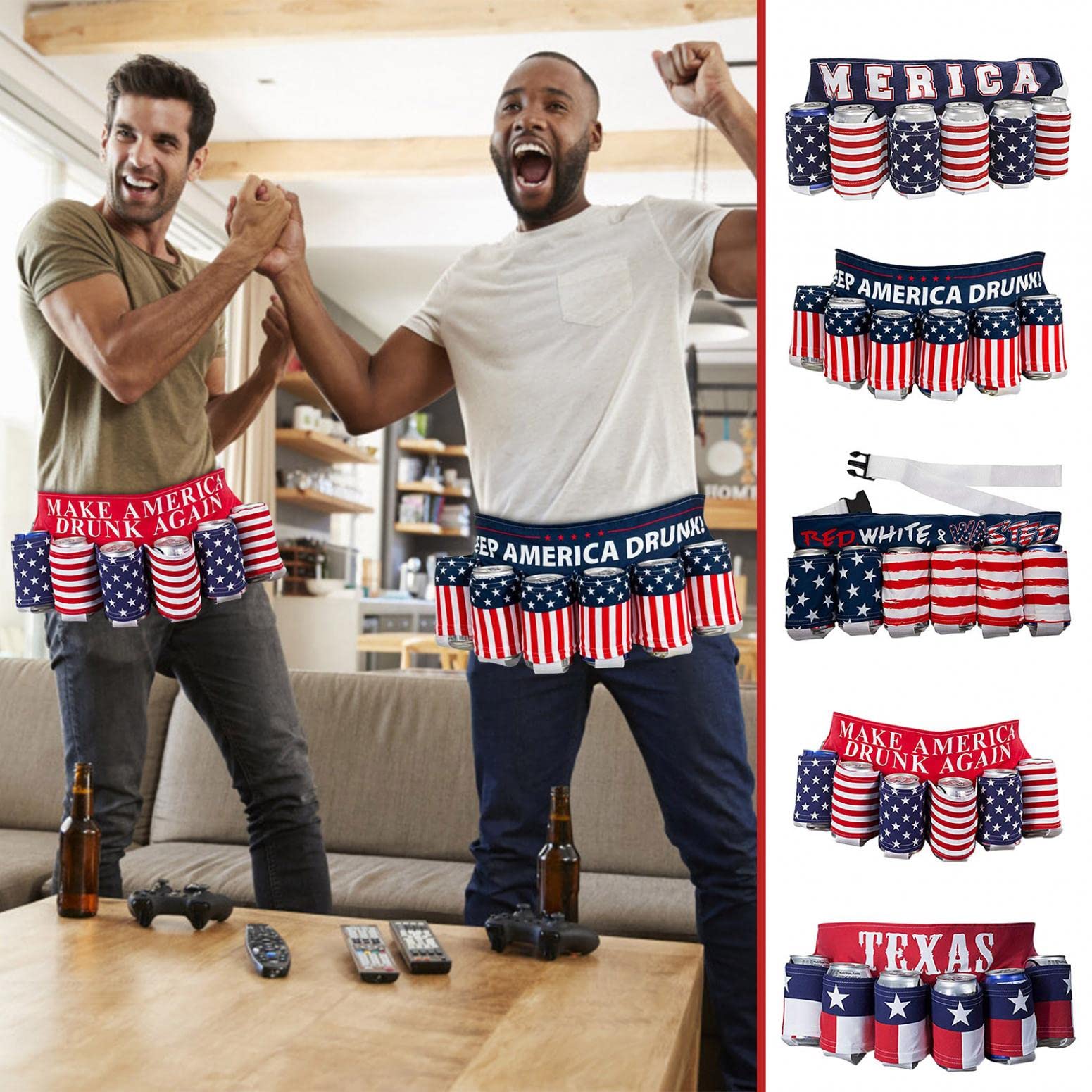 Patriotic Beer Belt Drink Holder - 4th of July Themed Waistband for Hands-Free Drinking | Perfect for Independence Day Parties, Camping, BBQ, Fishing & Outdoor Events