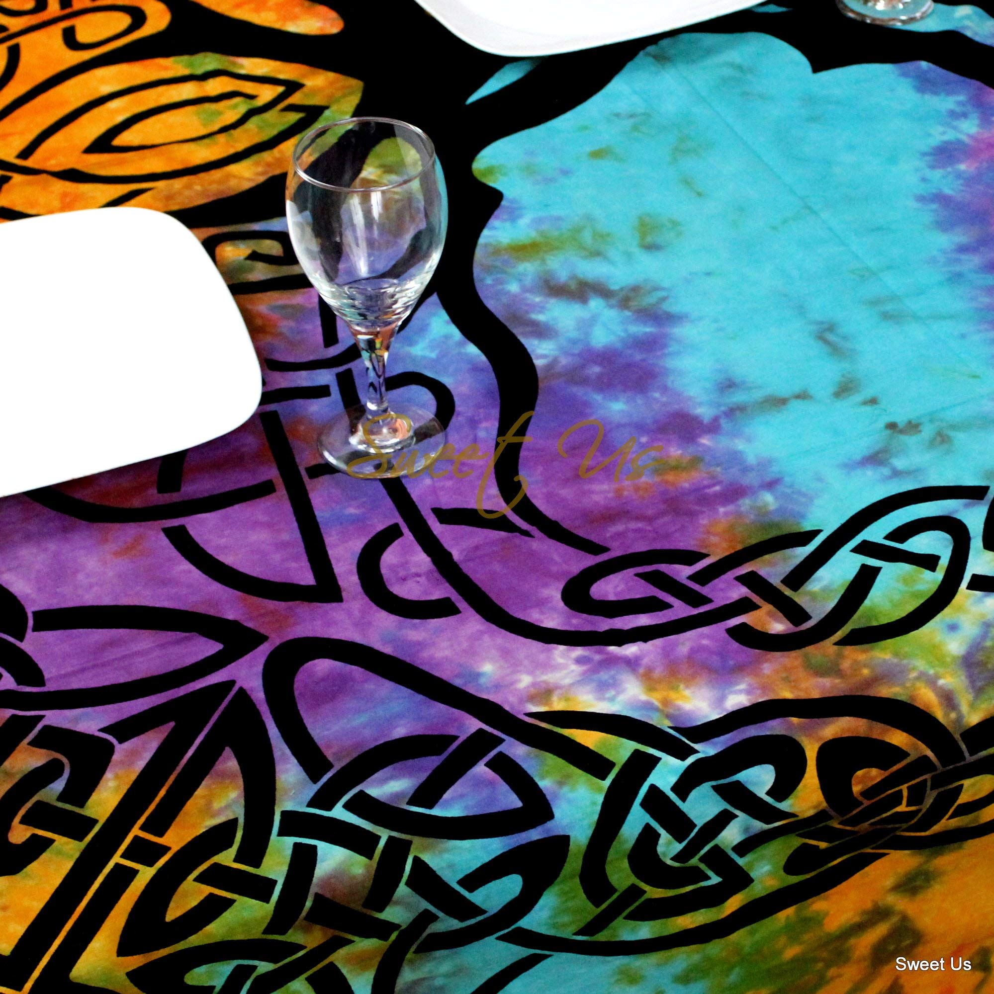 Celtic Print Tablecloth 72x72 Inches - Blue Green Turquoise Purple Tree of Life Cotton Fabric for Square Tables - Kitchen & Dining Room Decor, Holiday Dinner Party, Celtic Festival Celebration