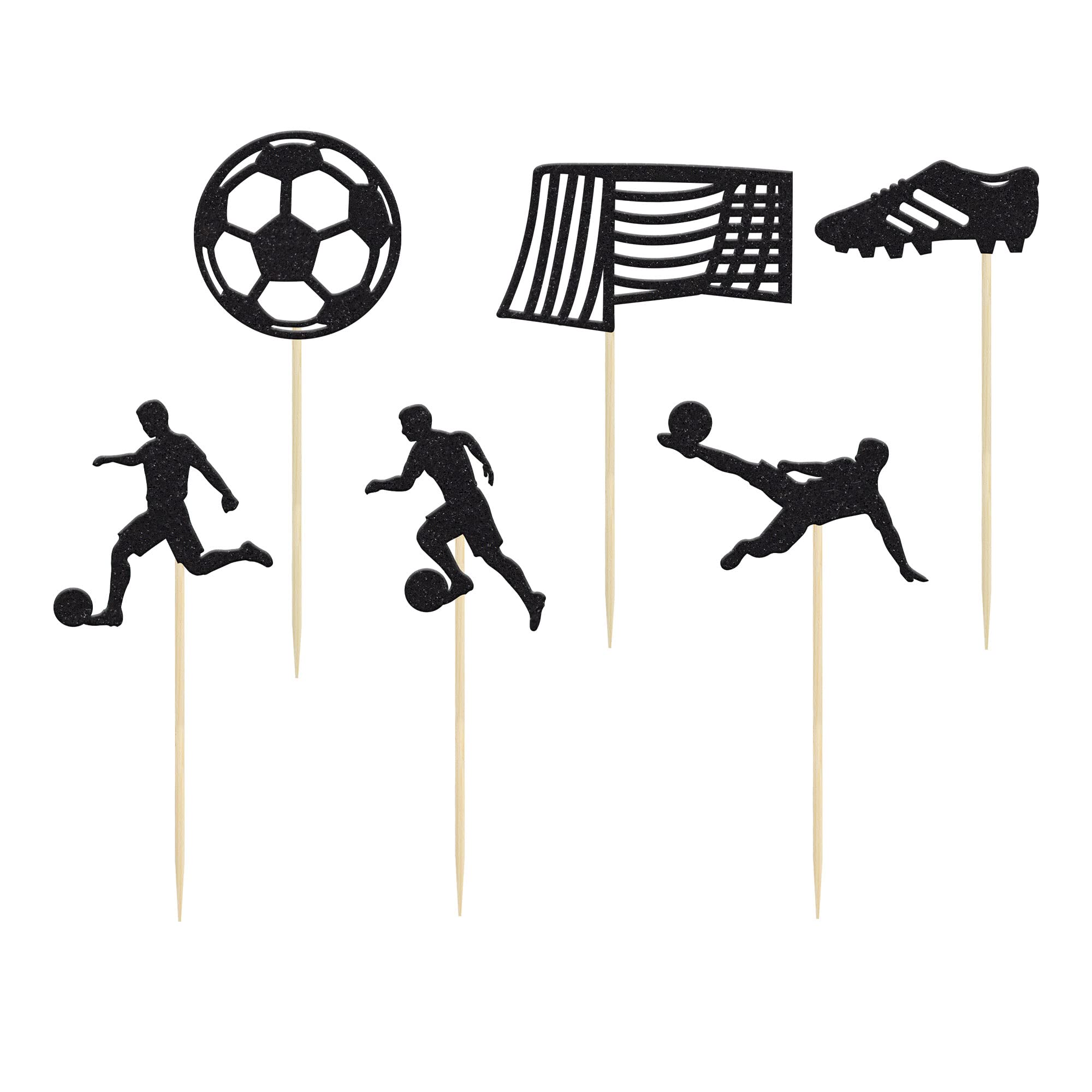24Pcs Soccer Cupcake Toppers - Black Glitter Football Theme Cake Decorations for Baby Shower, Wedding & Birthday Parties | Sports Ball Food Picks for Soccer-Themed Celebrations