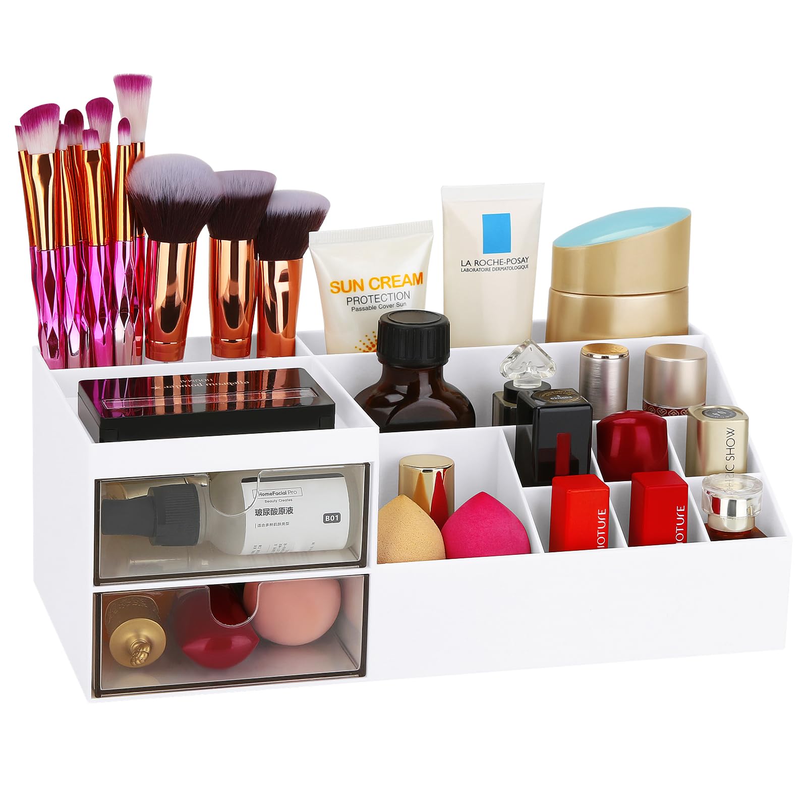 LETURE Desk & Vanity Organizer Box - White Cosmetic Makeup Storage for Eyeshadows, Skincare, Concealers, Powders & Nail Polish | Perfect for Bathroom Counter, Dressing Table & Office Desk Organization