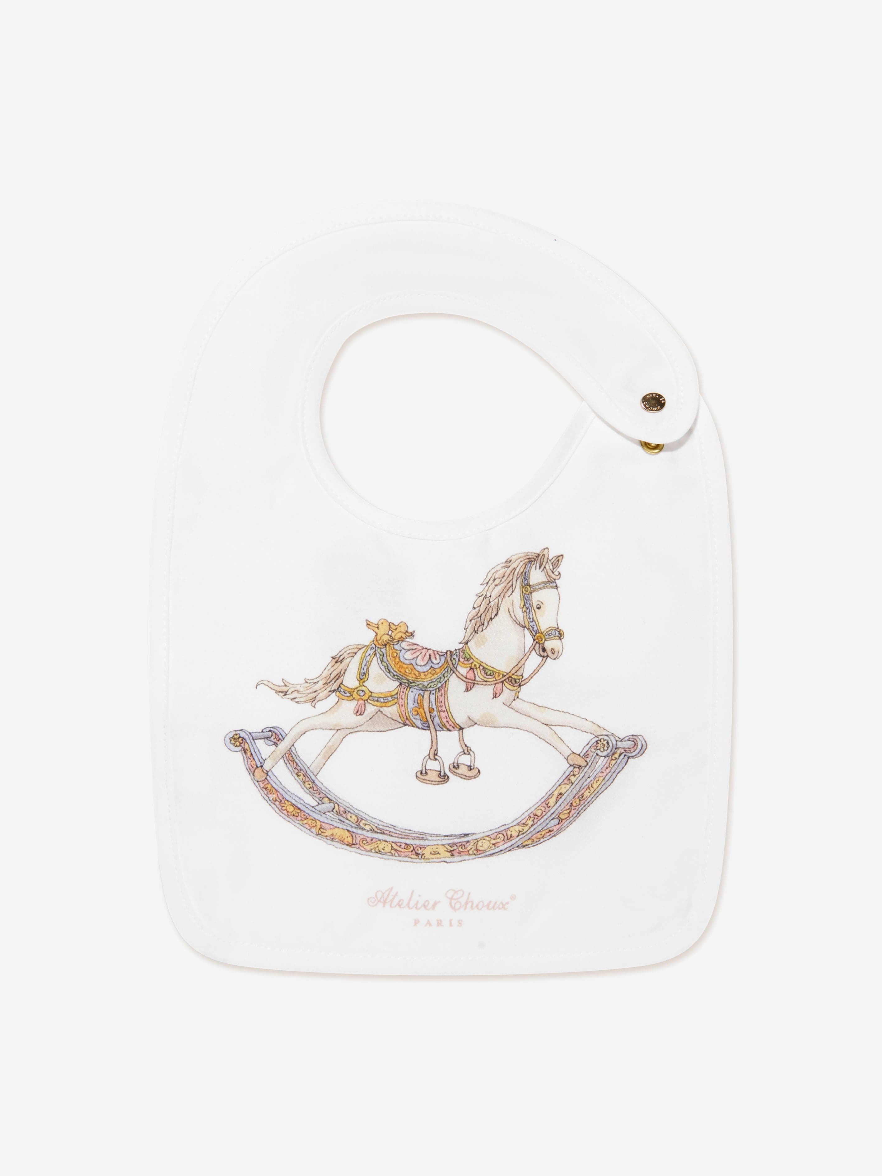 Atelier Choux White Satin Baby Rocking Horse Bib - Soft & Absorbent for Feeding, Playtime & Photo Shoots