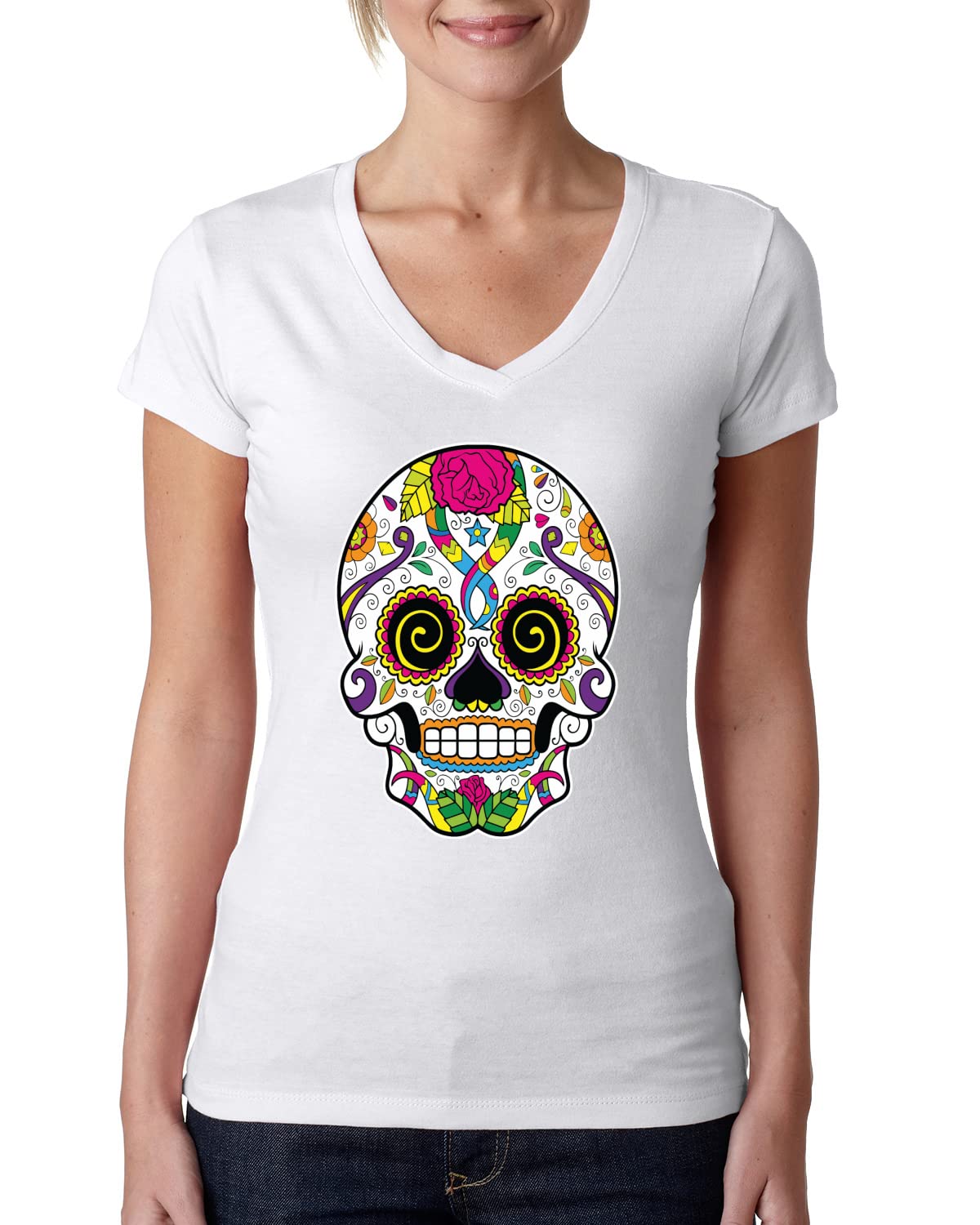 Day of The Dead Sugar Skull Women's V-Neck T-Shirt | Gothic Halloween Tee | Trendy Pop Culture Apparel for Parties & Casual Wear