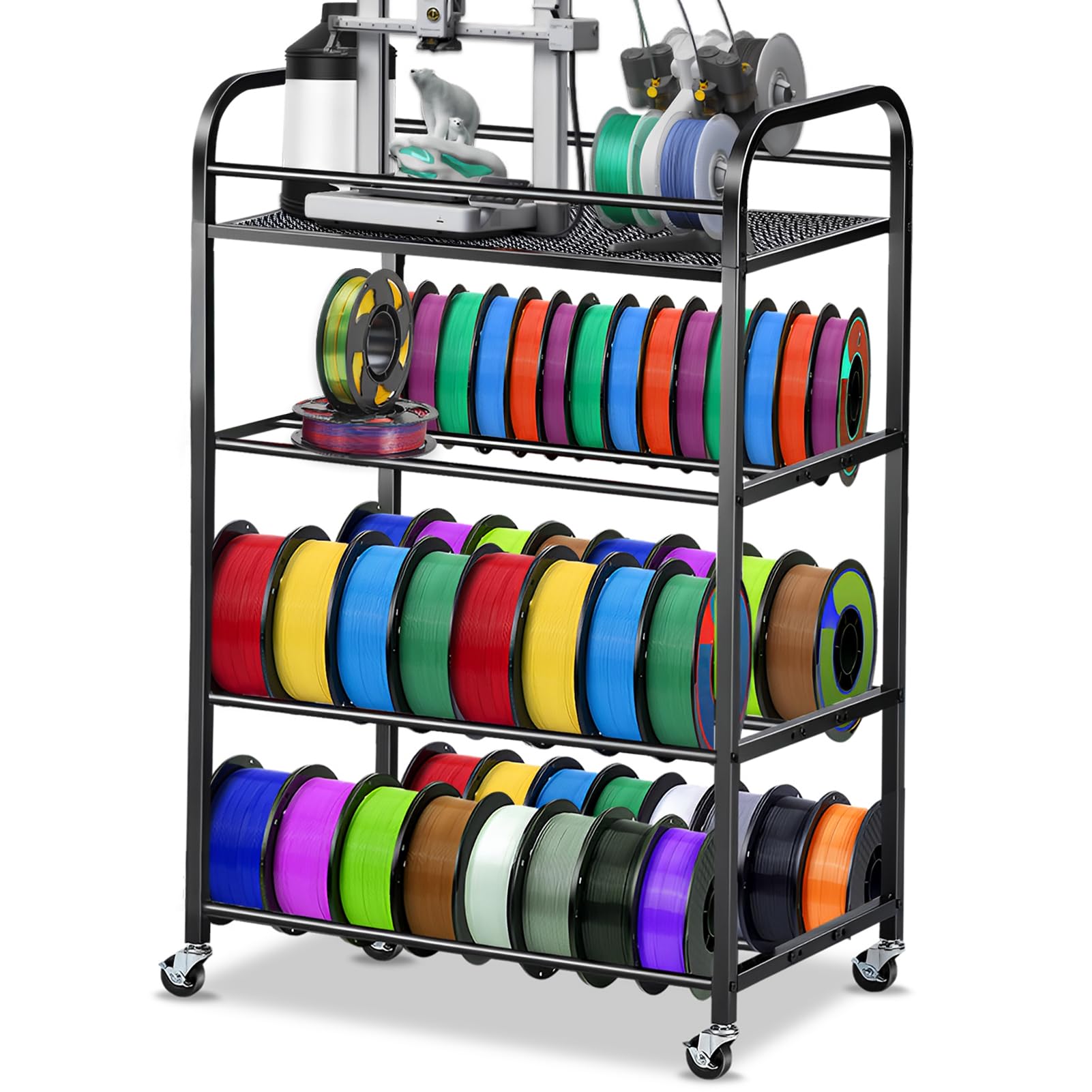 4-Layer Heavy-Duty Metal Filament Rack for 3D Printers - Adjustable Large Capacity Spool Holder with Rolling Wheels | Perfect for PLA, TPU Filament Storage in Home Studios & Maker Spaces