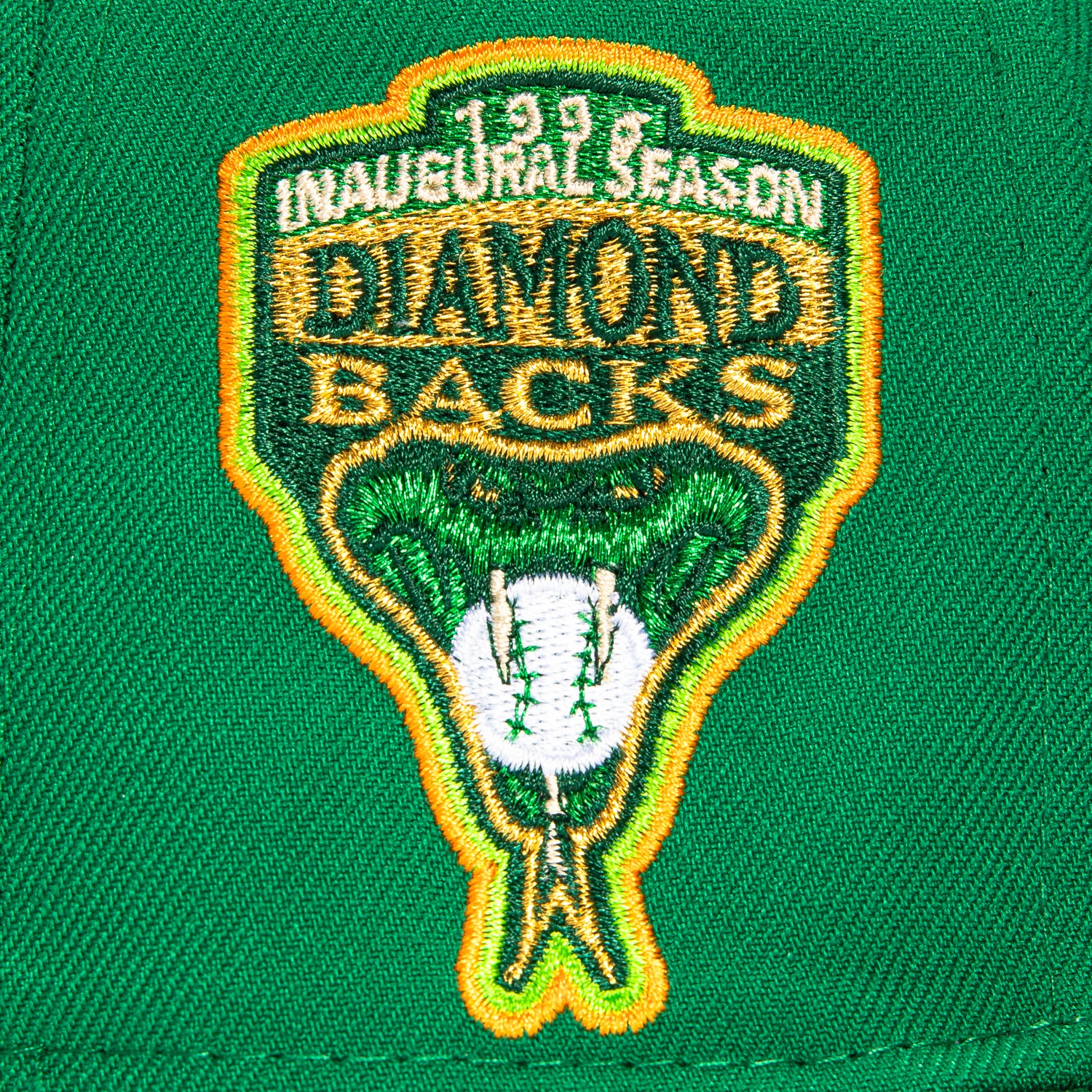 New Era 59Fifty Arizona Diamondbacks MLB Baseball Cap with Inaugural Patch - Kelly Green & Metallic Gold - Official Licensed Snapback Hat for Men & Women - Perfect for Games, Collecting & Streetwear Fashion