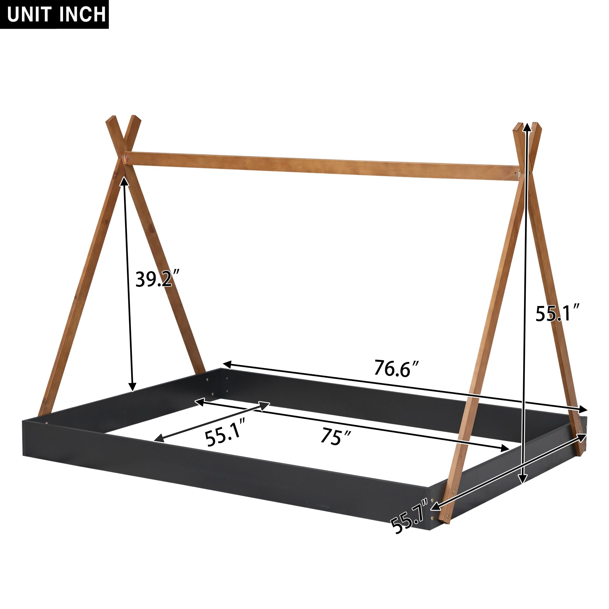 Bellemave Full Size Tent Floor Bed Frame with Sturdy Triangle Structure - Montessori Teepee Platform Bed for Kids, Girls & Boys (Full Size, Black & Brown) - Perfect for Playrooms, Bedrooms & Montessori Learning Spaces