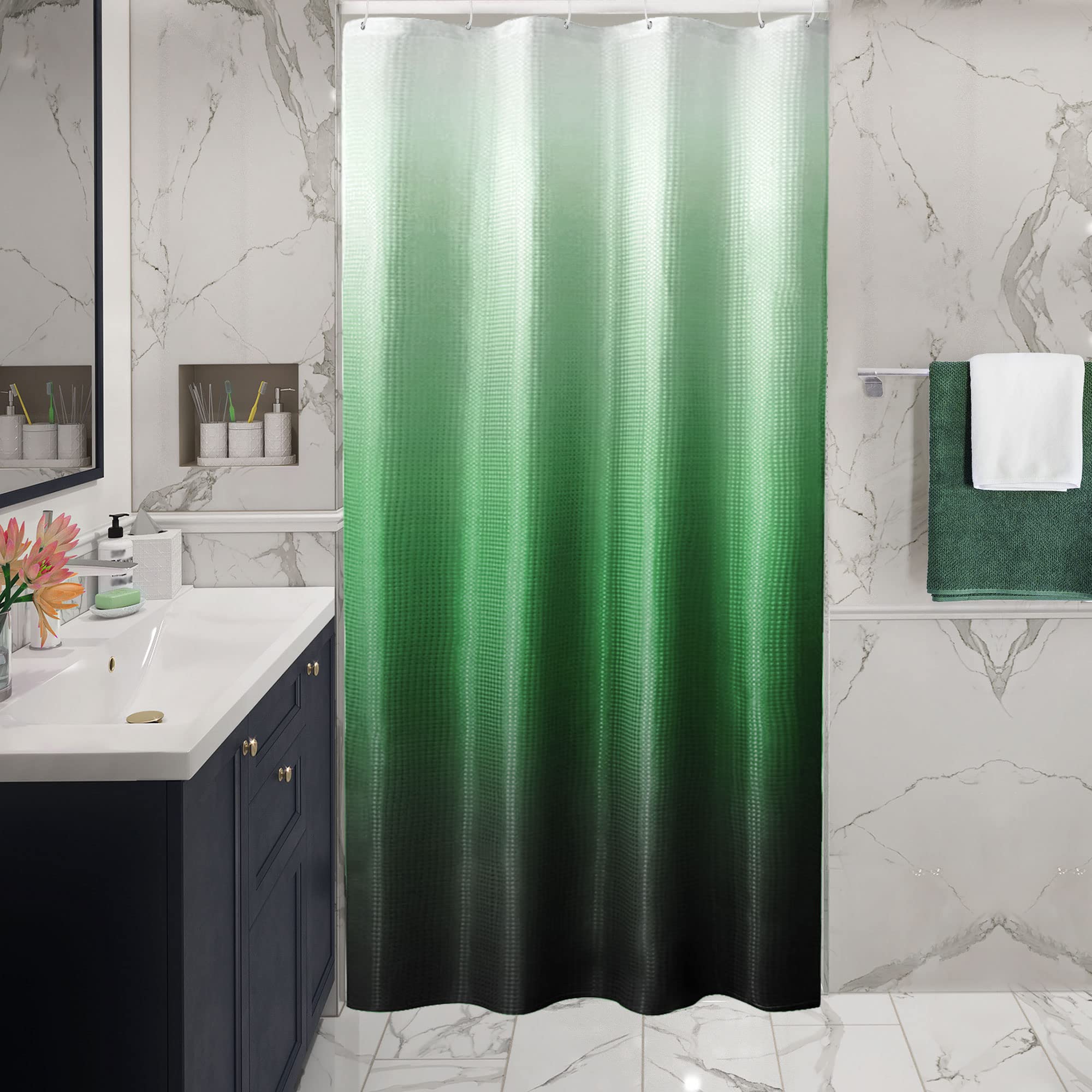 Gibelle Small Stall Shower Curtain 36 x 72 Inches - Narrow Half Emerald Green Ombre Bathroom Shower Curtain with Hooks | Waffle Weave Fabric, Water Repellent & Machine Washable | Perfect for Small Bathrooms, Apartments & RVs