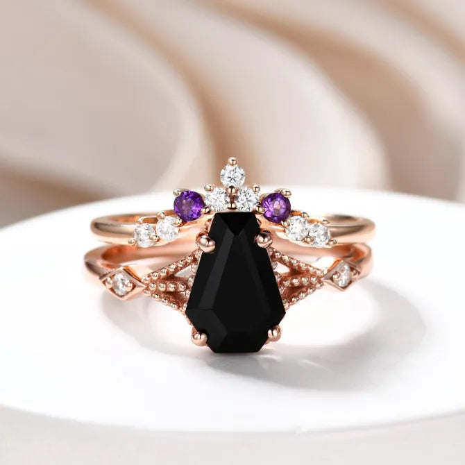 Vintage Coffin Cut Black Onyx & Amethyst Ring Set - Unique 9x6mm Gothic Jewelry for Women - Perfect for Halloween, Dark Aesthetic & Alternative Fashion Lovers