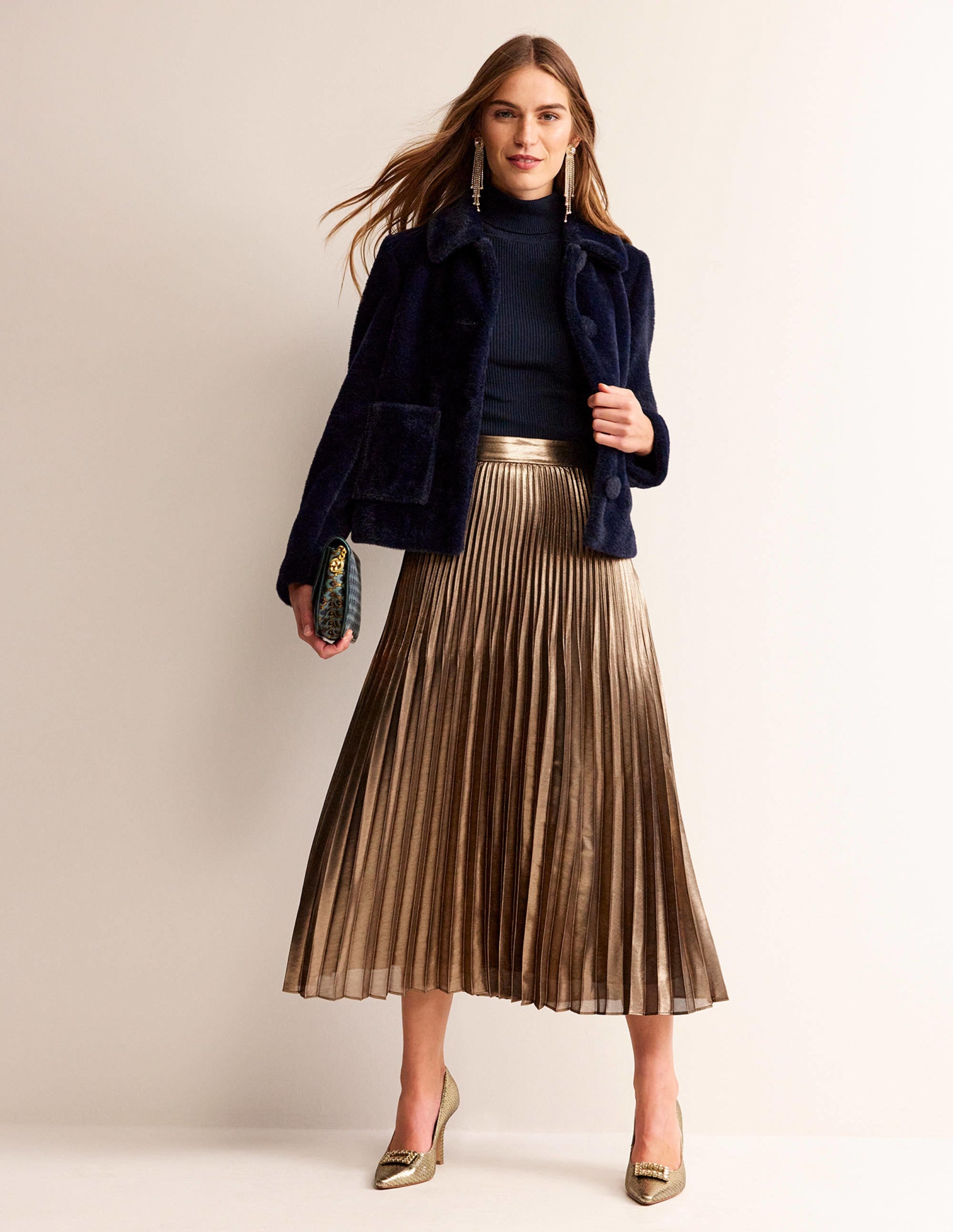 Camilla Metallic Midi Skirt for Women - Black & Gold Shimmering Party Dress | Perfect for Cocktail Parties, Date Nights & Special Occasions