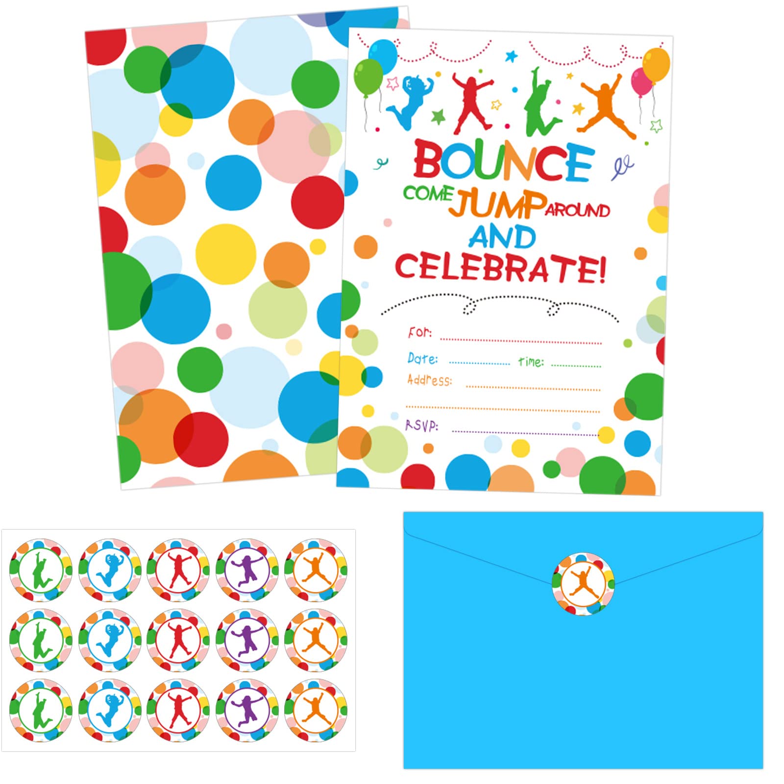 30 Pack Bounce House Party Invitation Cards with Envelopes - Jumping Party Decorations for Kids Birthday - Waterproof Trampoline Sticker Labels - Perfect for Indoor/Outdoor Birthday Celebrations and School Events