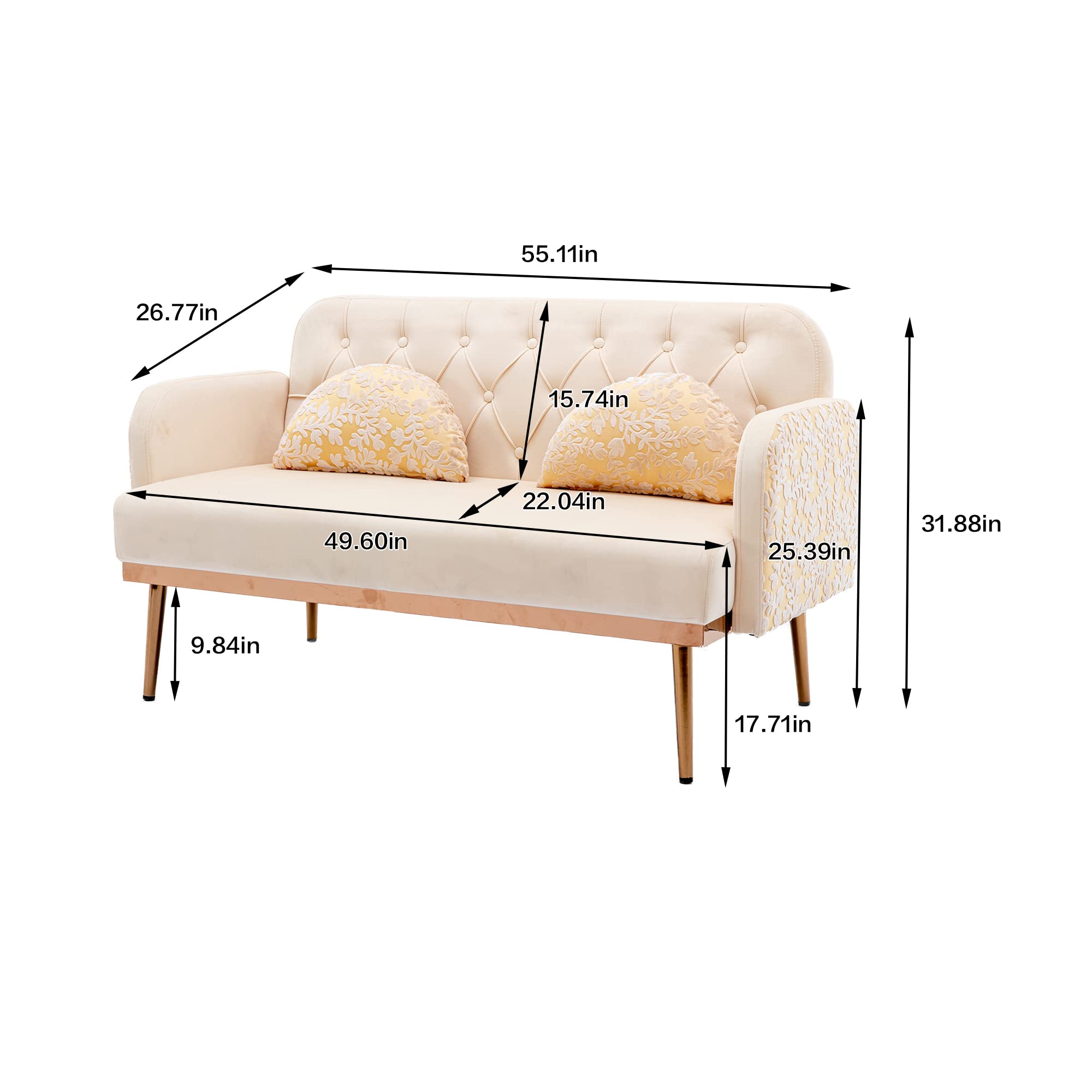 Velvet Loveseat Sofa with Rose Gold Legs & 2 Soft Pillows - Modern Accent Couch for Living Room, Bedroom, Apartment (Beige) | Perfect for Small Spaces, Reading Nook & Cozy Relaxation