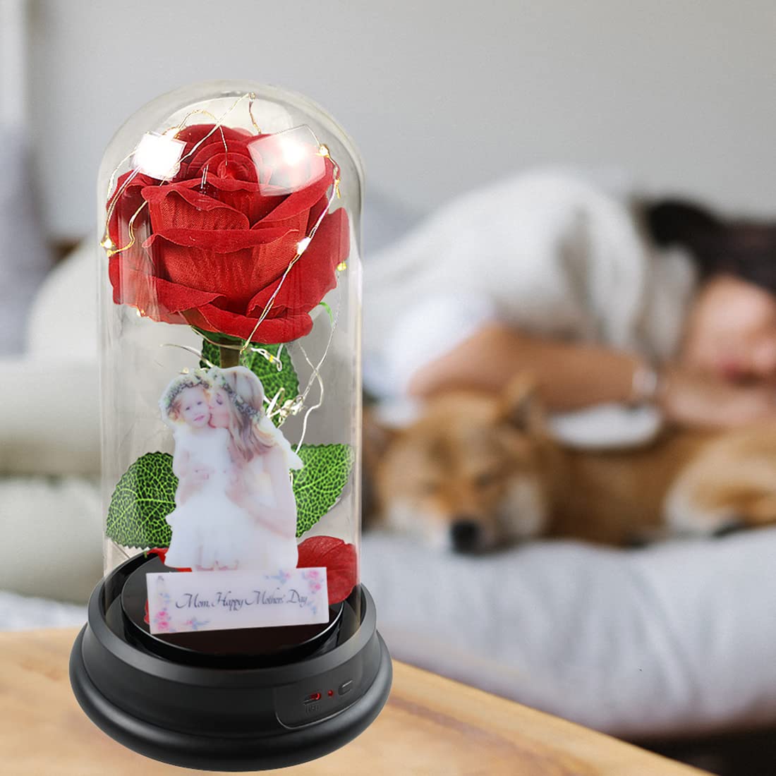 Personalized Photo Eternal Rose Night Light - Custom LED Rose in Glass Dome with Picture, Romantic Bedroom Decor for Valentine's Day, Christmas, Anniversary - Perfect Gift for Wife, Girlfriend, Mom (Home Decor, Wedding Present, Birthday Surprise)