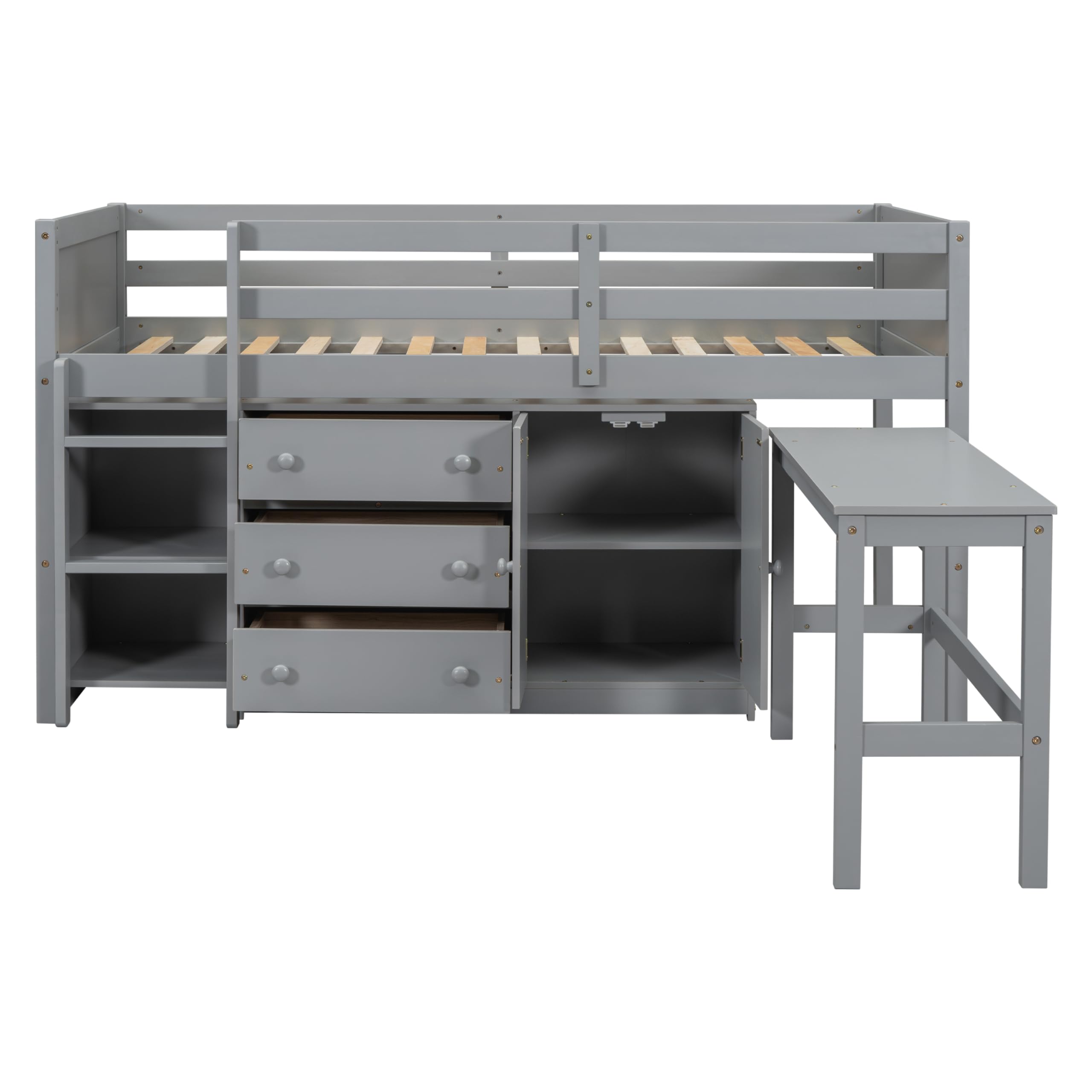 SOFTSEA Twin Size Low Loft Bed with Pull-Out Desk, Drawers, Cabinet & Shelves - Sturdy Wood Frame with Support Slats - Space-Saving Gray Loft Bed for Kids & Teens - Perfect for Small Bedrooms, Dorms & Studio Apartments
