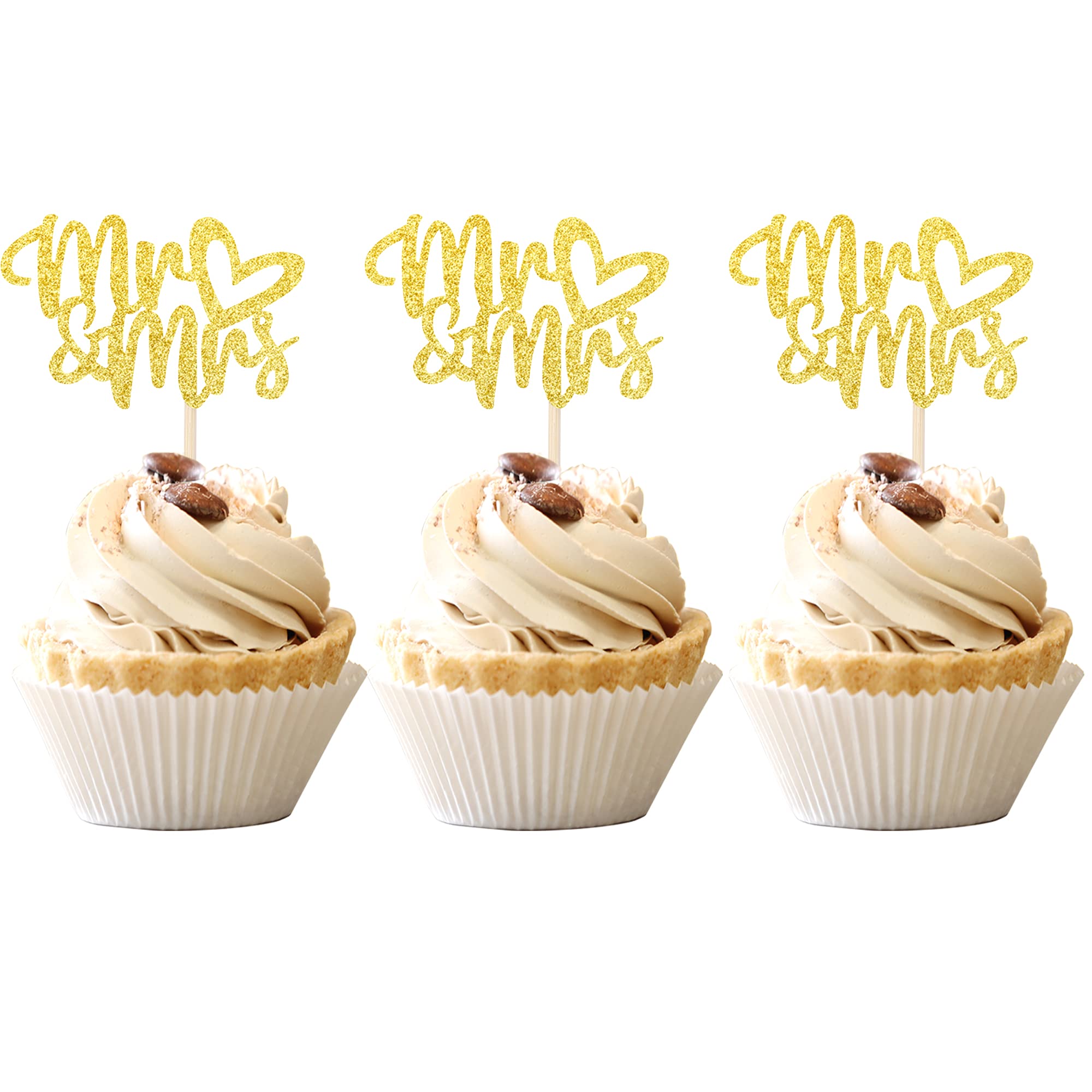 36 PCS Gold Mr & Mrs Cupcake Toppers with Love Heart - Wedding, Engagement, Bridal Shower & Birthday Party Cake Decorations Supplies - Perfect for Romantic Celebrations and Special Occasions