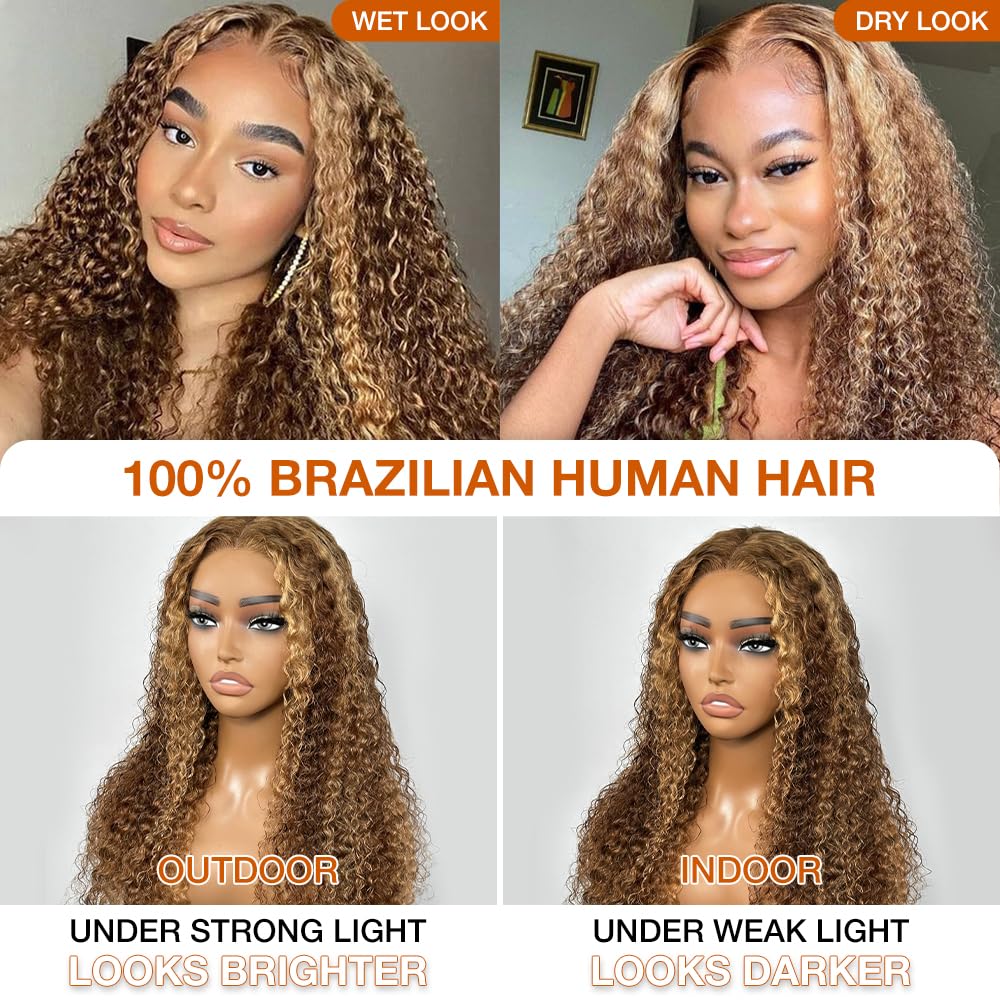 5x5 HD Lace Glueless Curly Human Hair Wig for Black Women - Preplucked Honey Blonde Wet & Wavy Wear & Go Wig for Beginners | Perfect for Daily Wear, Parties & Protective Styling