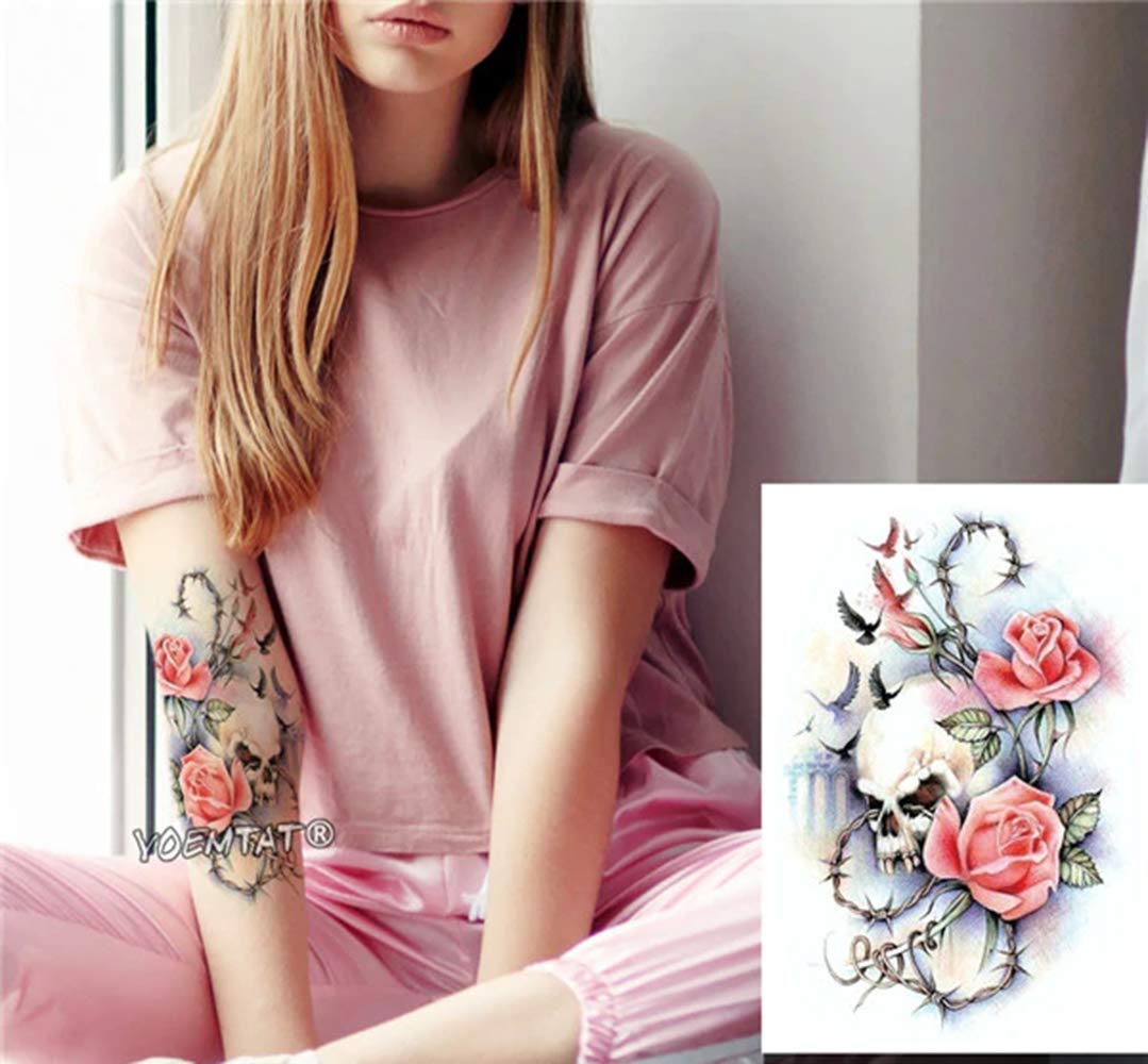 3D Skull Cross Pink Rose Flower Temporary Tattoo Sticker - 21x15cm Waterproof Fake Tattoo for Women, Men & Teens - Gothic Style Body Art for Parties, Halloween & Cosplay (Black, 1 Piece)