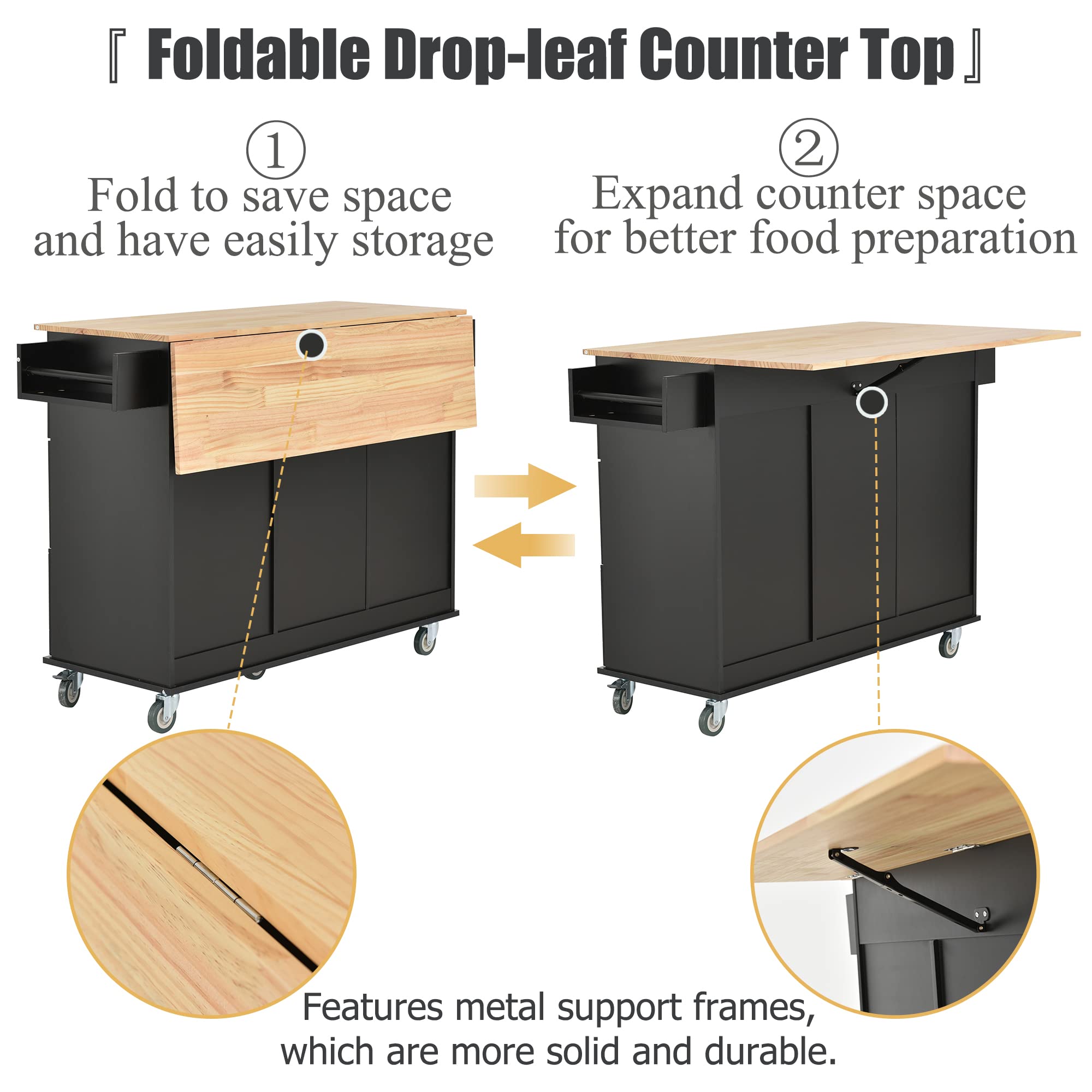 **Solid Wood Kitchen Island Cart with Storage - Rolling Kitchen Trolley with Drop Leaf, Drawers, Towel Rack & Spice Rack - Mobile Kitchen Organizer for Small Spaces (Black) - Perfect for Meal Prep, Entertaining & Extra Counter Space**