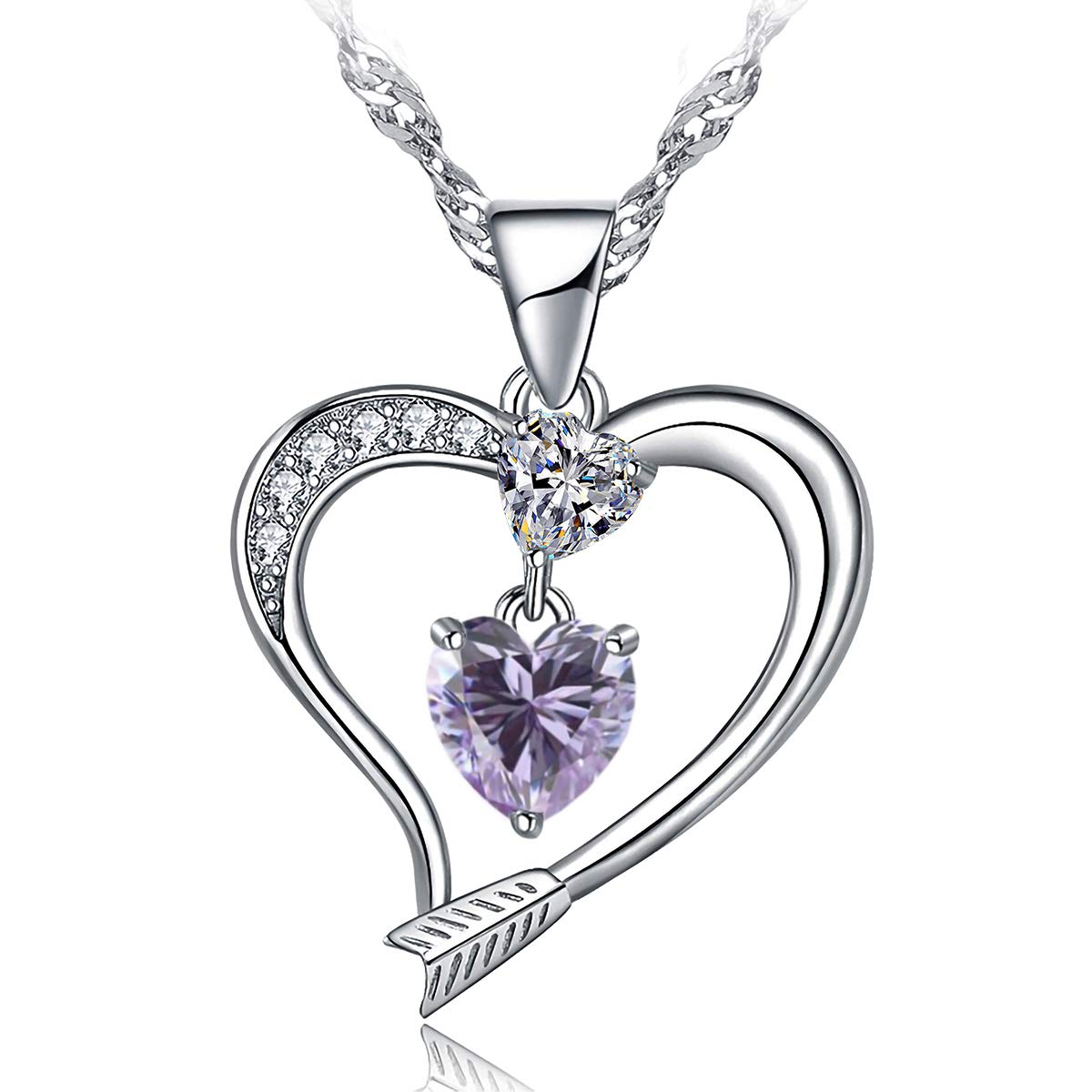Emma Manor EM Love Heart Birthstone Necklace for Women - 14k White Gold Plated Heart Pendant with 5A Cubic Zirconia & Arrow Design | Perfect Gift for Anniversary, Valentine's Day & Mother's Day