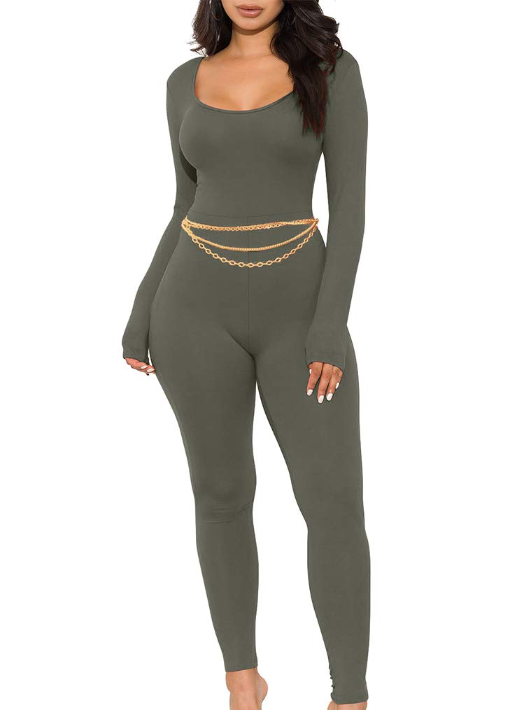 GOKATOSAU Women's Sexy Long Sleeve Bodycon Jumpsuit - Solid Color Clubwear & Party Outfit for Nightlife, Date Night & Special Occasions