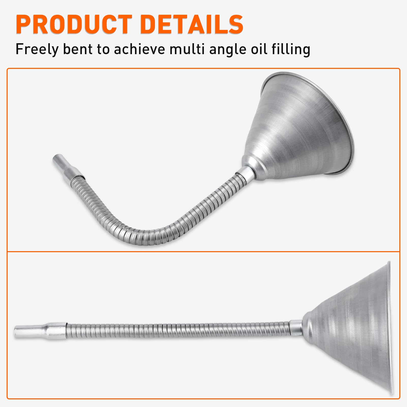 Flexible Steel Universal Spout Funnel with Filter - Bendable Galvanized Funnel for Automotive Oils, Diesel Fuel & Liquids - Perfect for Car Maintenance, DIY Projects & Home Use