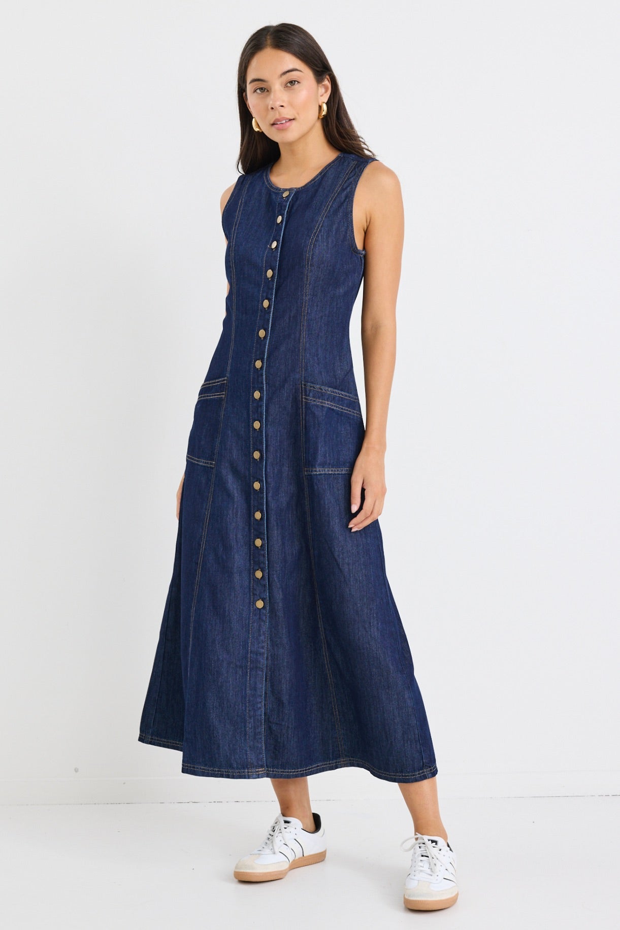 Laneway Indigo Denim Midi Vest Dress for Women - Stylish Casual & Work Wear - Perfect for Office, Date Night and Spring Outfits